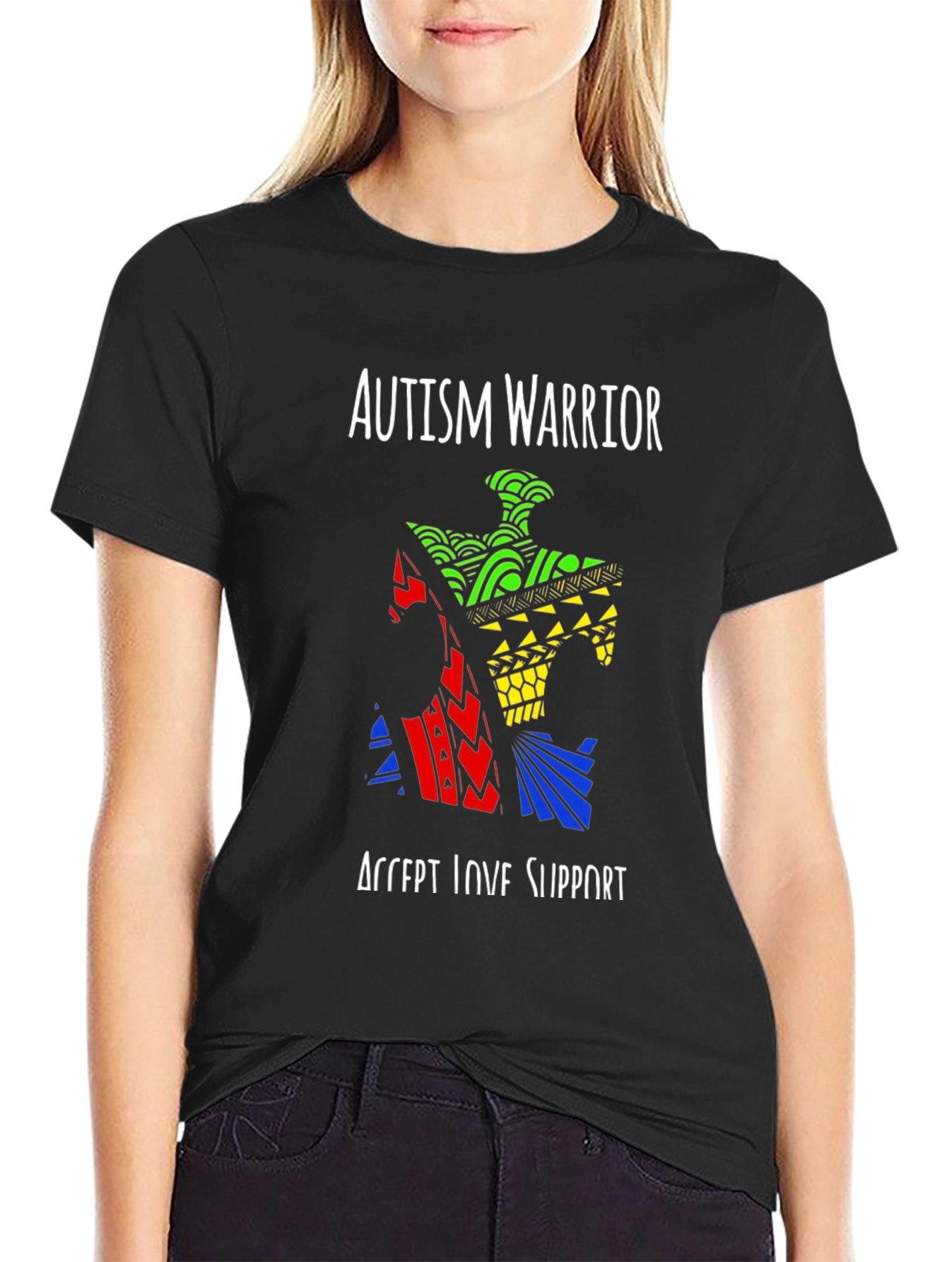 Black Autism Warrior Puzzle Piece T-Shirt view 2