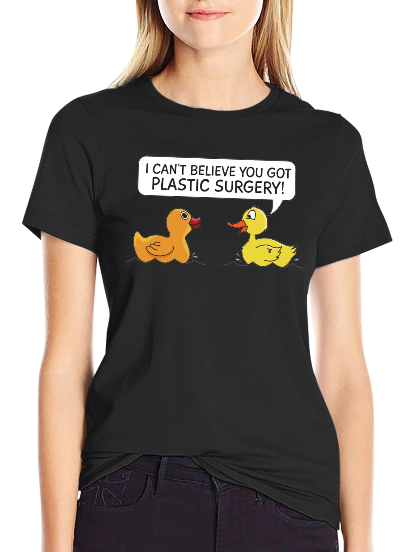 Black Funny Plastic Surgery Duck Cartoon Graphic T-Shirt view 2