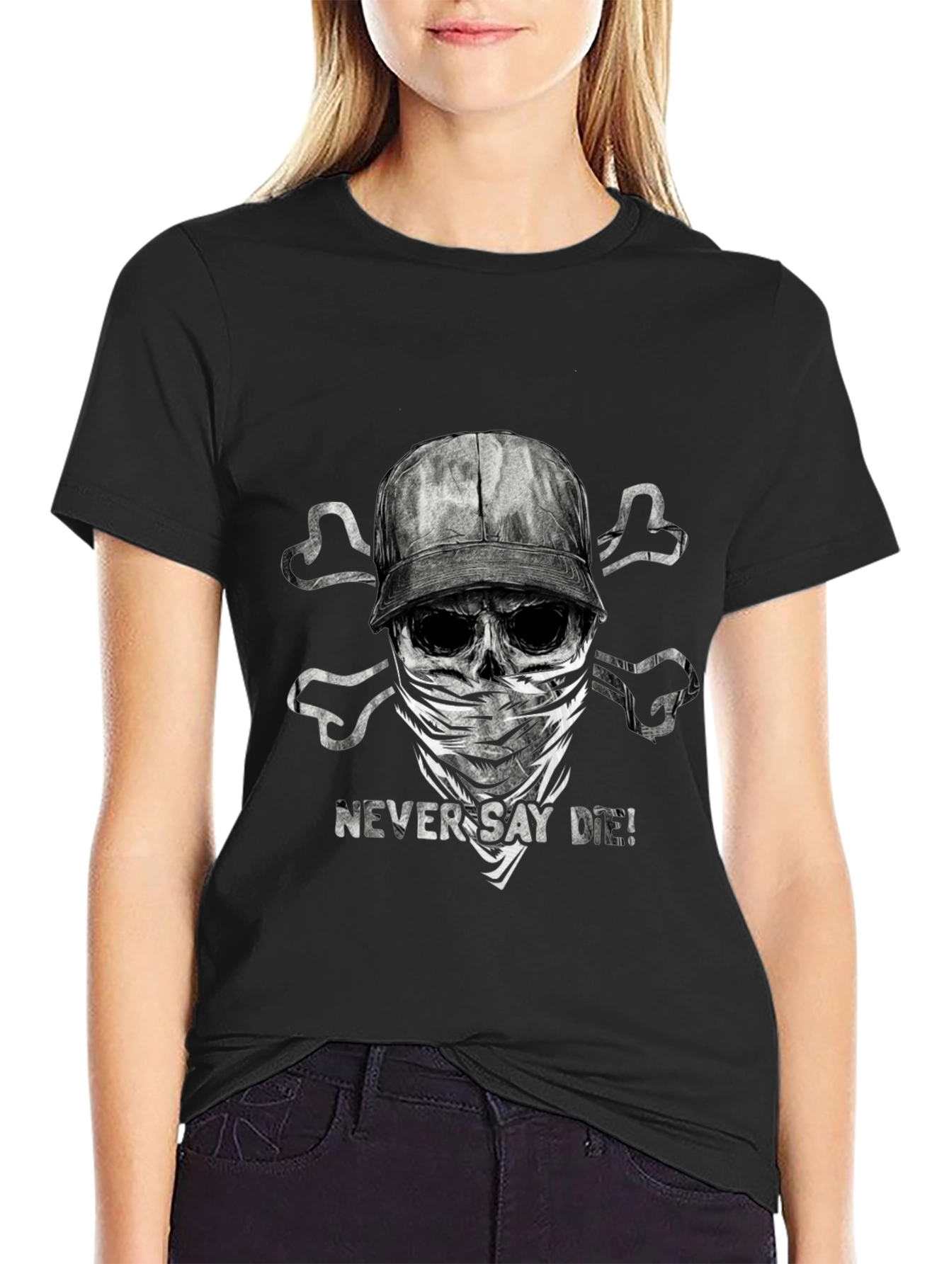 Black Never Say Die T-Shirt - Skull & Crossbones Design view 2