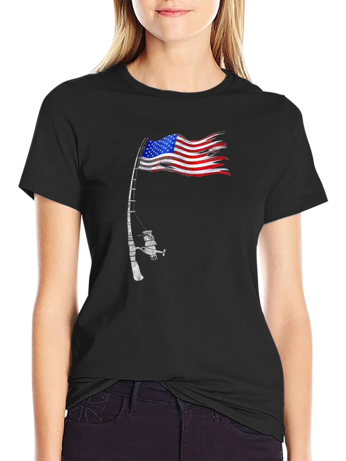Black American Flag Fishing T-Shirt - Patriotic Angler view 2