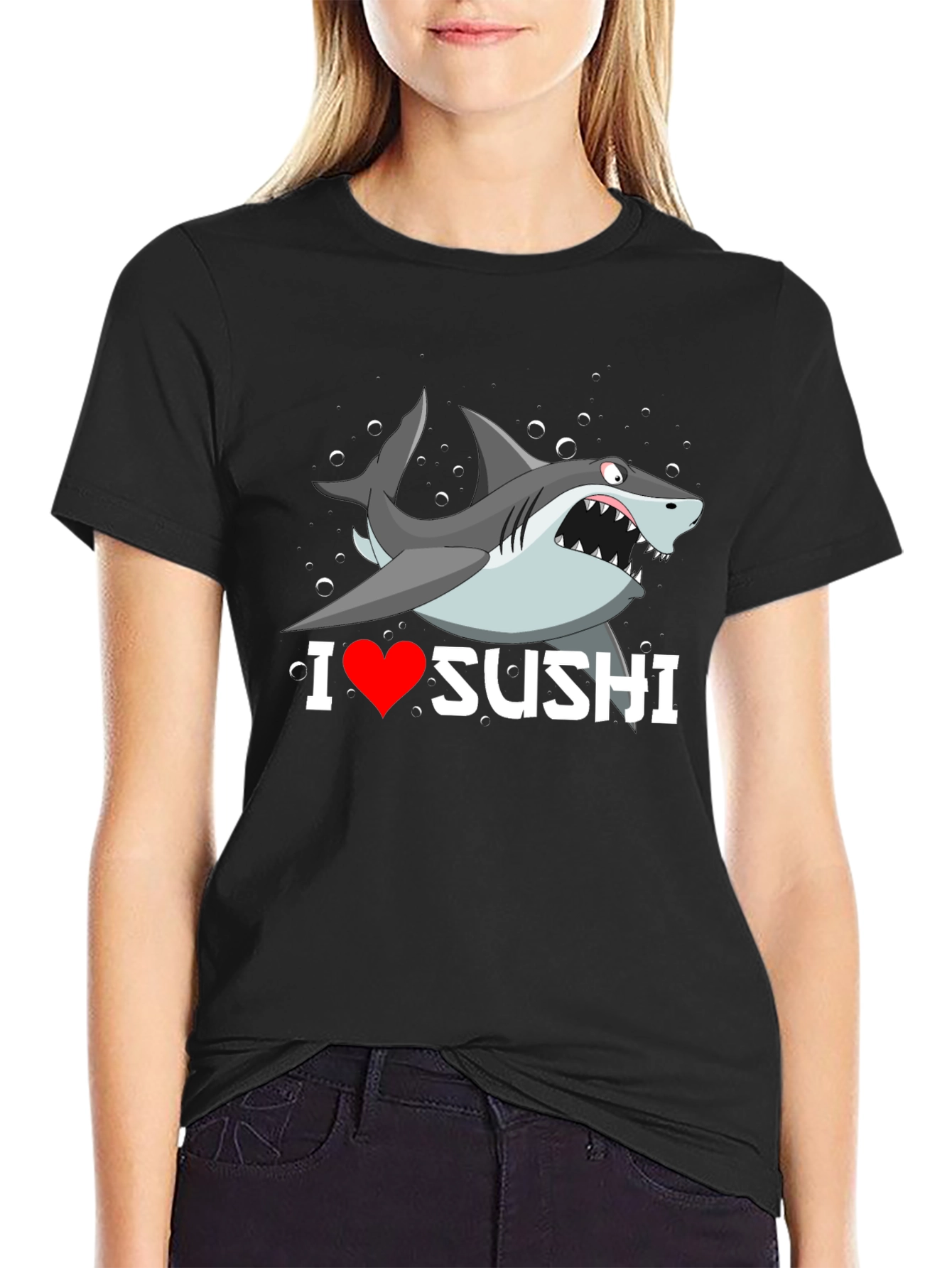 Black I Heart Sushi Shark Graphic T-Shirt view 2