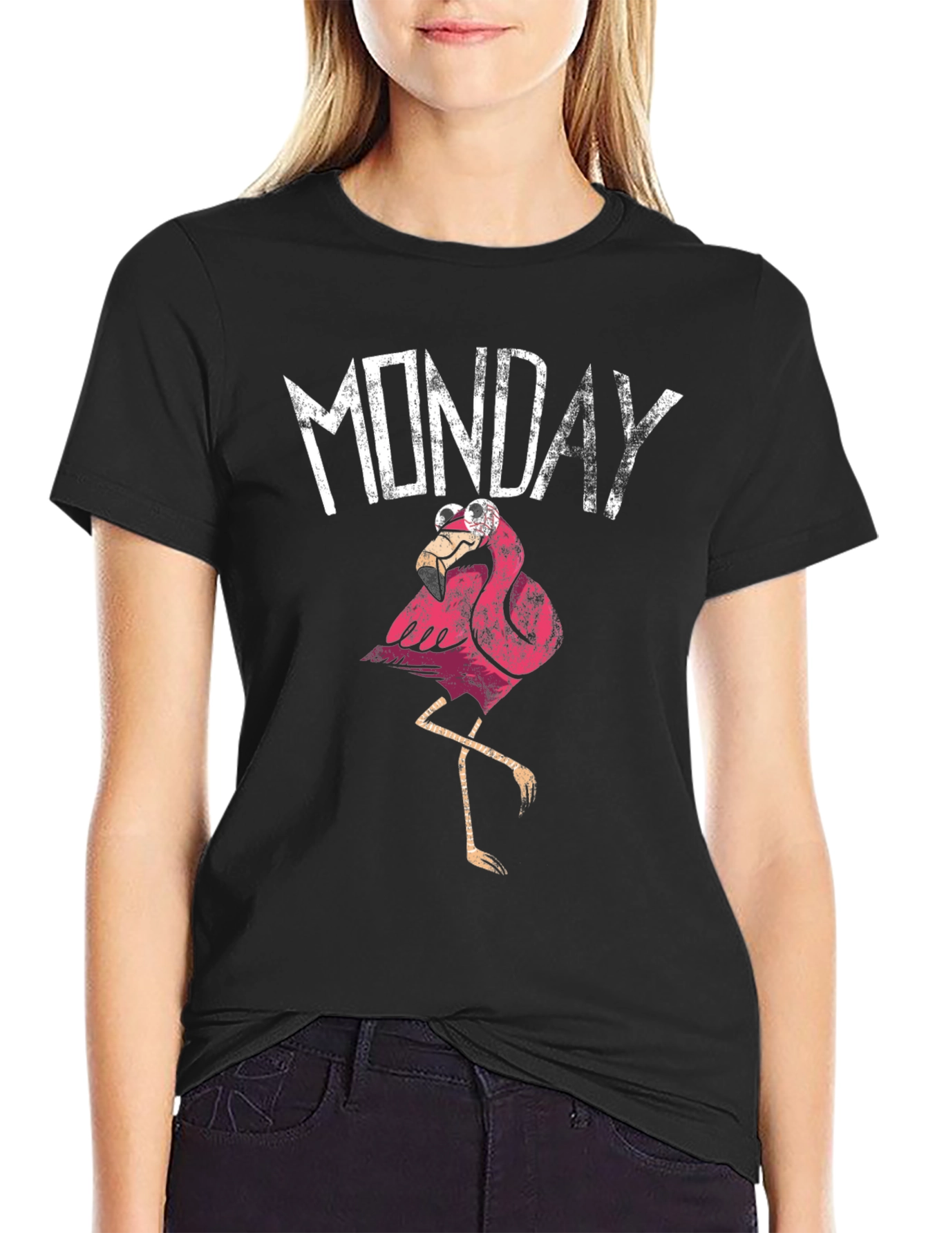 Black Funny Monday Flamingo Graphic T-Shirt - Black view 2