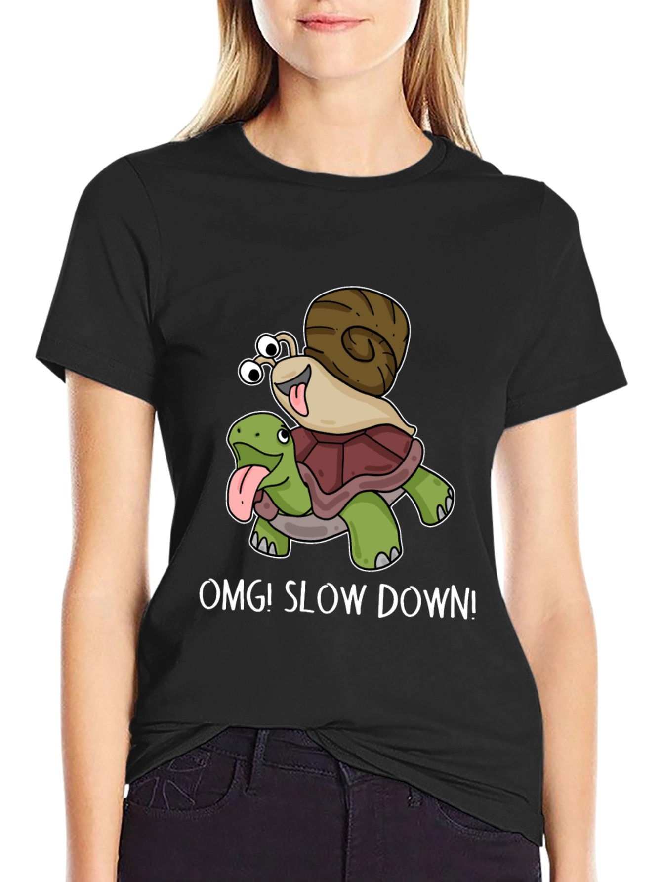 Black OMG! Slow Down T-Shirt Snail Riding Turtle view 2