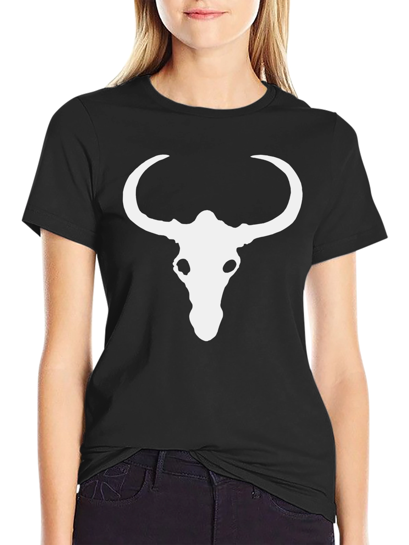 Black Skull Horn Graphic Tee - Black Cotton Blend Casual T-Shirt view 2
