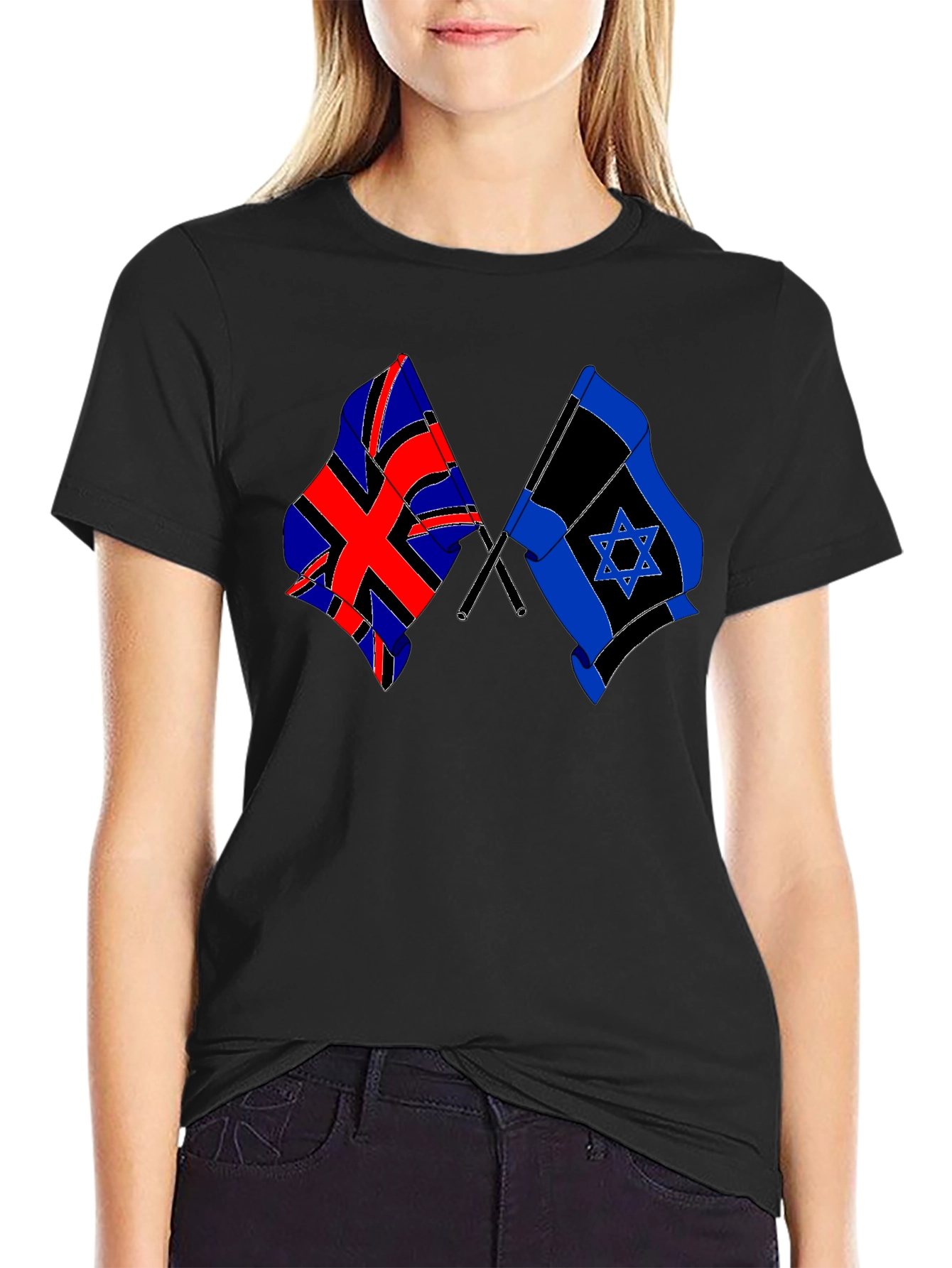 UK & Israel Flags Graphic Print Black T-Shirt - 2