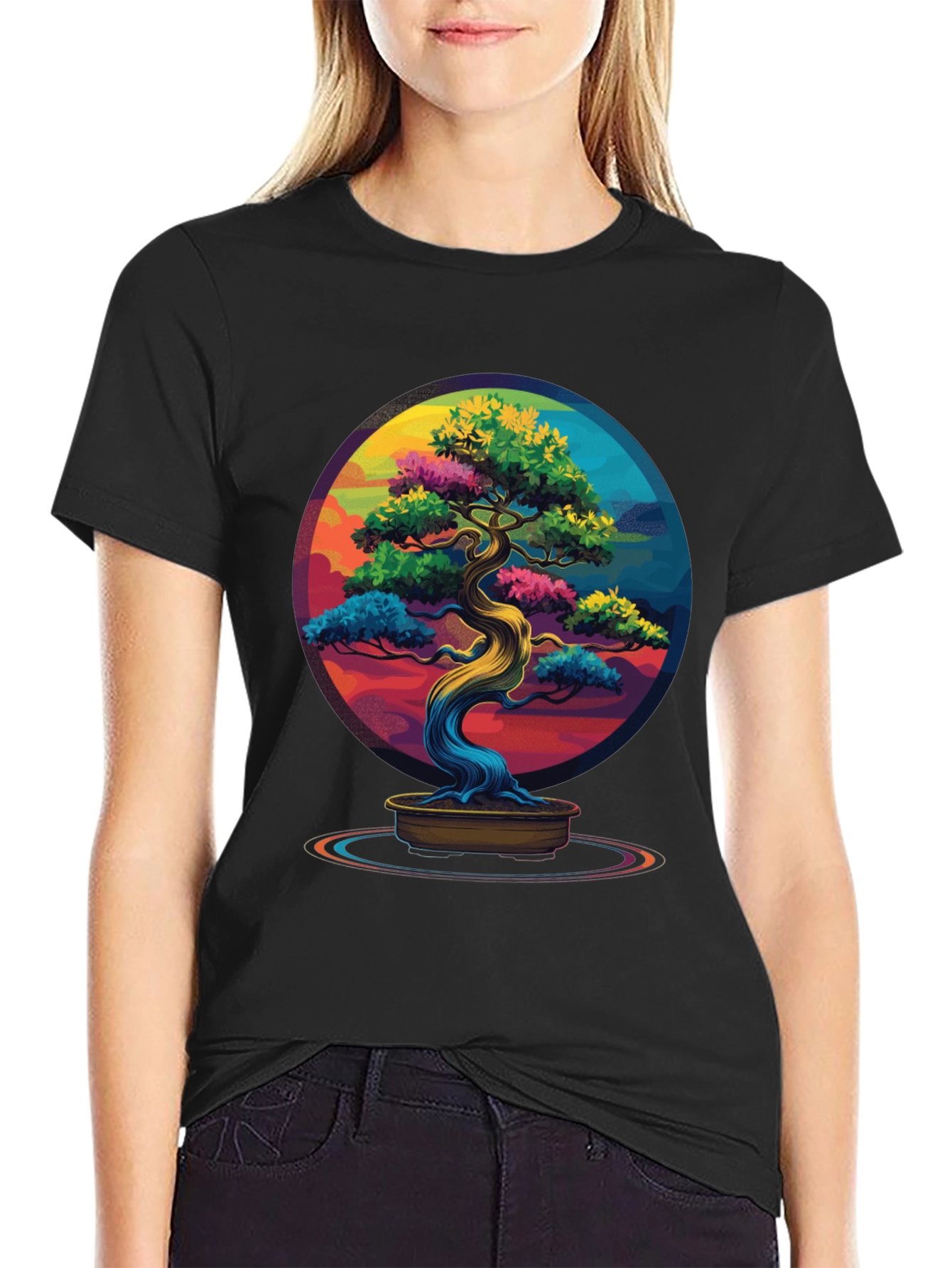 Black Colorful Bonsai Tree Graphic Tee - Unique Design view 2