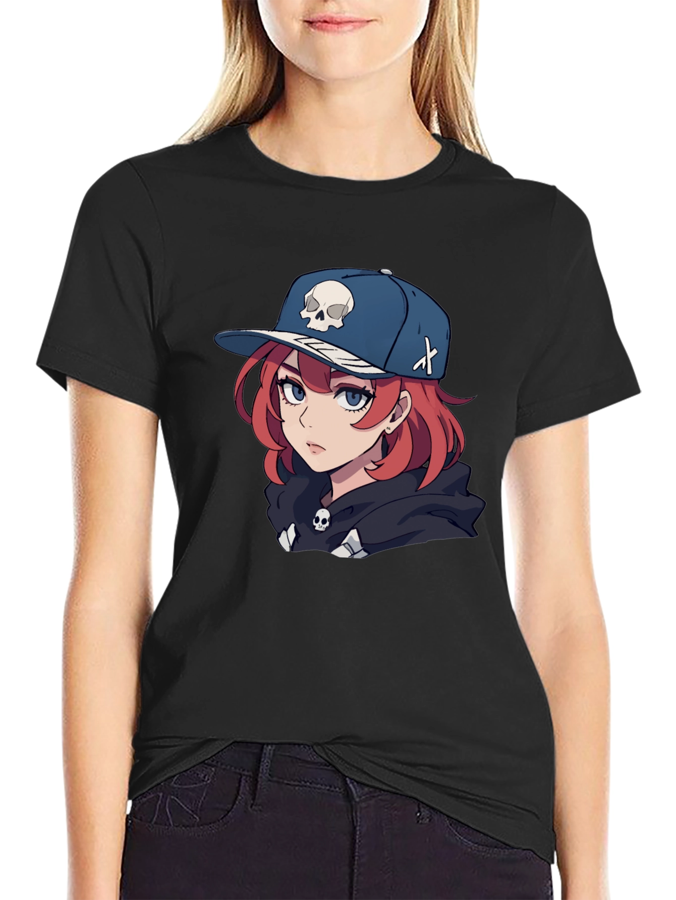 Black Anime Girl Skull Hat Graphic Black T-Shirt view 2