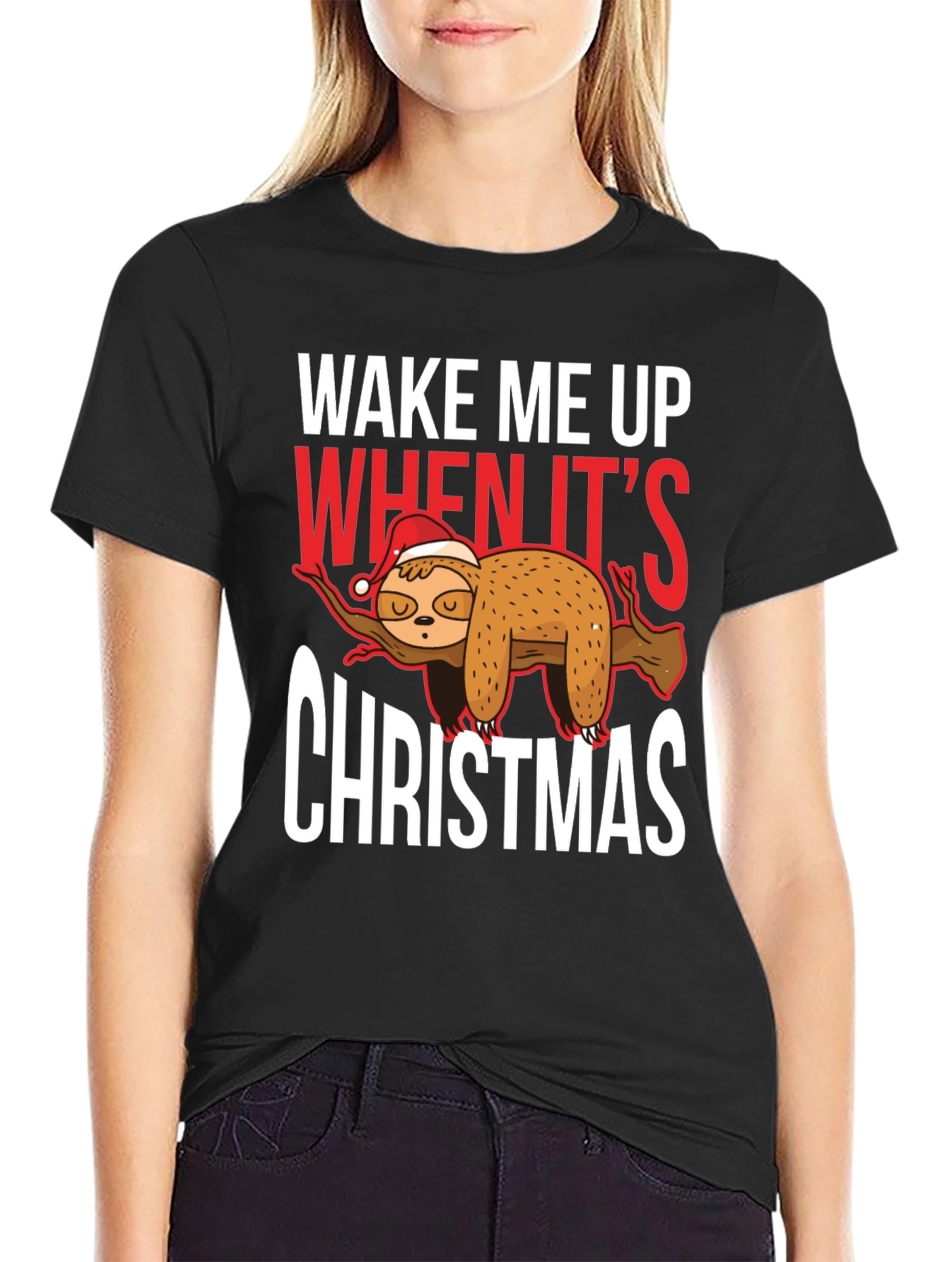 Black Wake Me Up When It's Christmas Sloth T-Shirt view 2