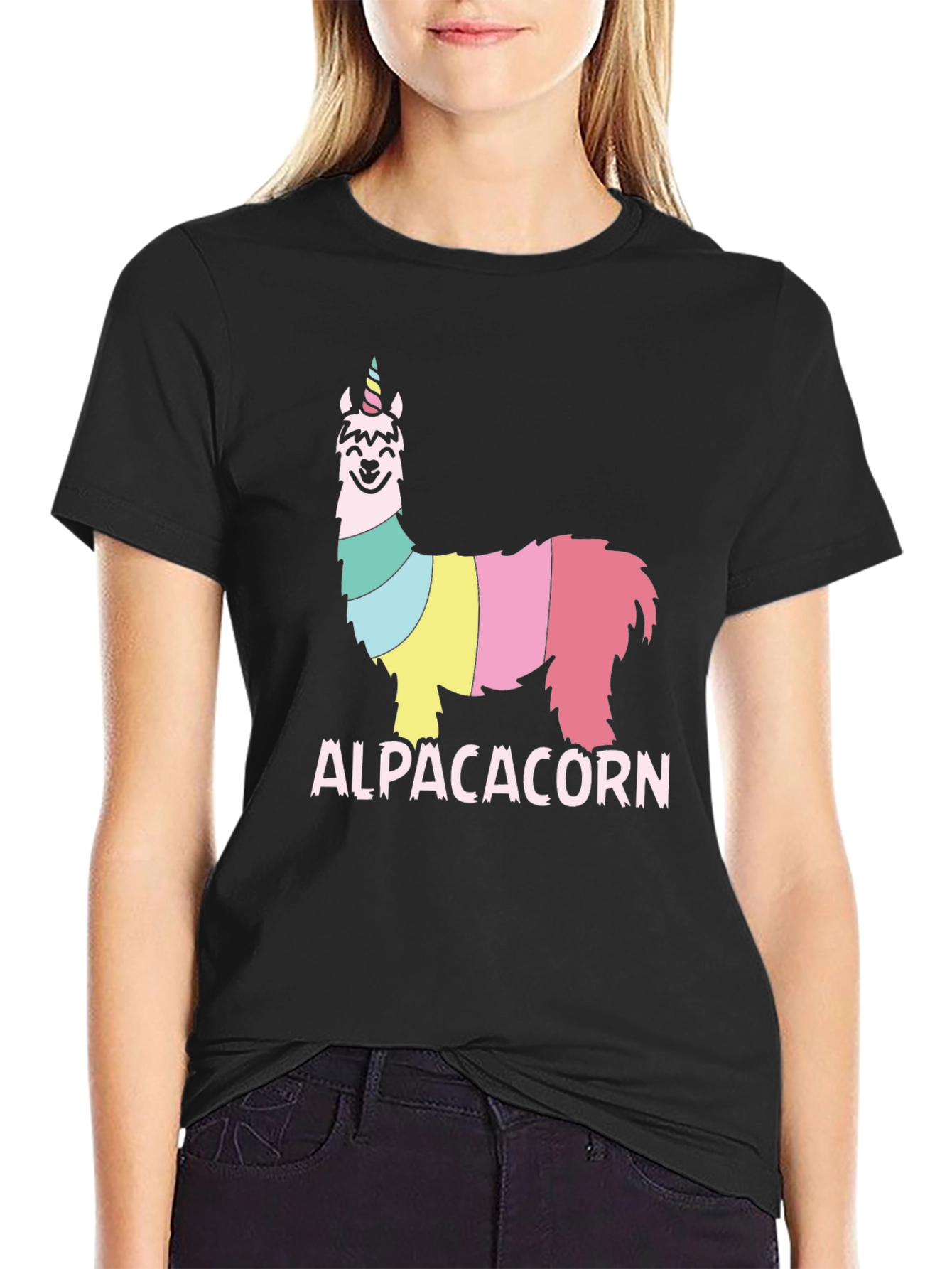 Black Alpacacorn T-Shirt - Fun, Colorful Alpaca Unicorn Design view 2