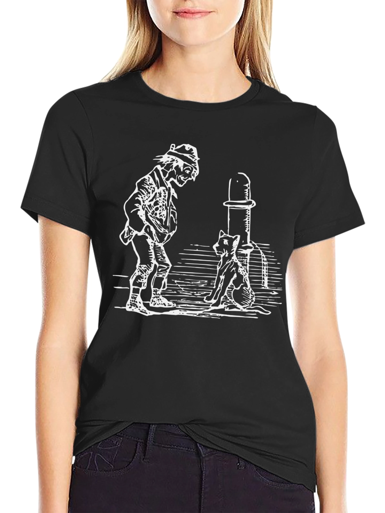 Black Man and Cat Drinking Fountain Black T-Shirt view 2