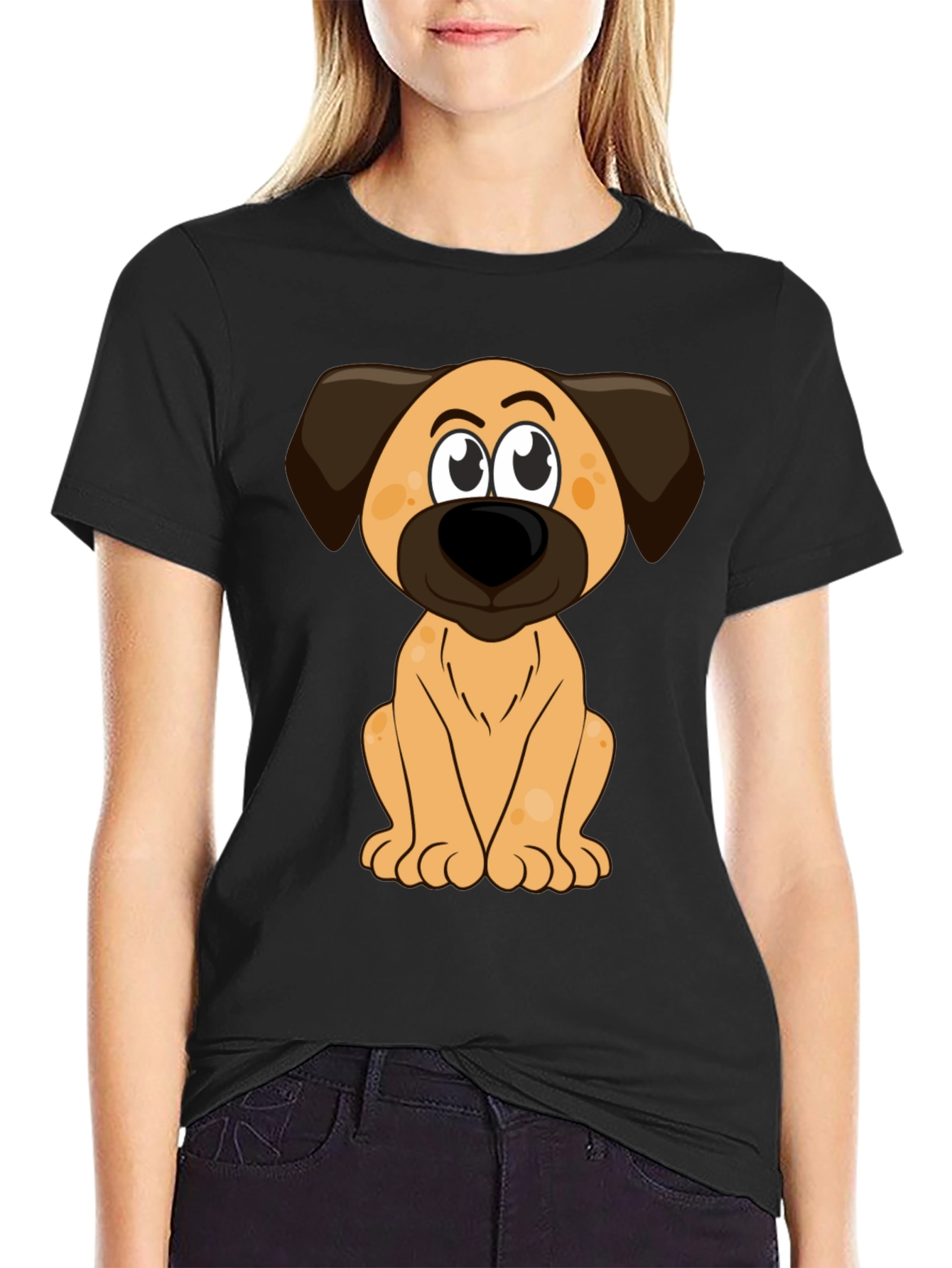 Black Cartoon Dog Print Black T-Shirt view 2