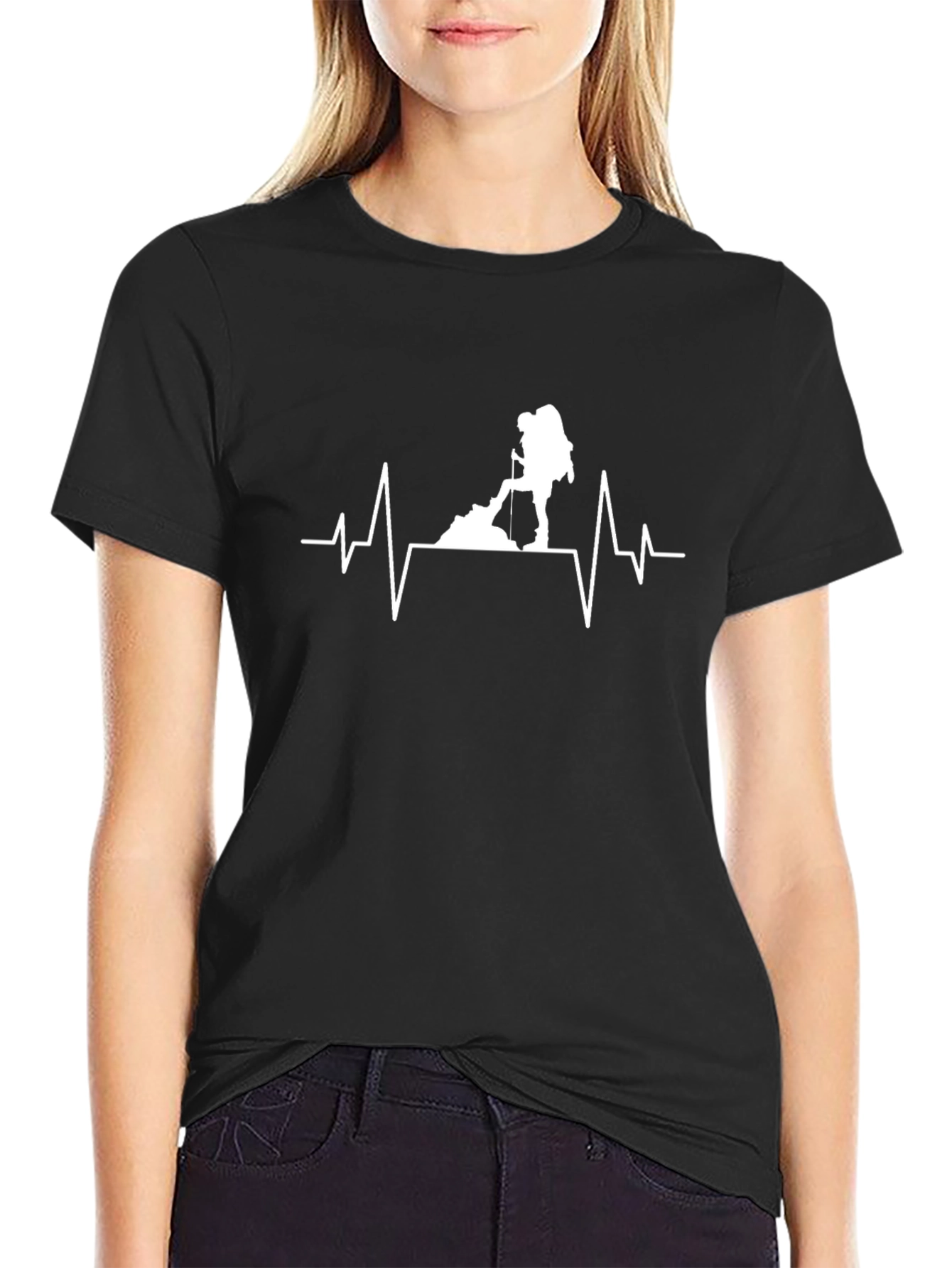 Black Hiking Heartbeat T-Shirt - Black Cotton Tee view 2