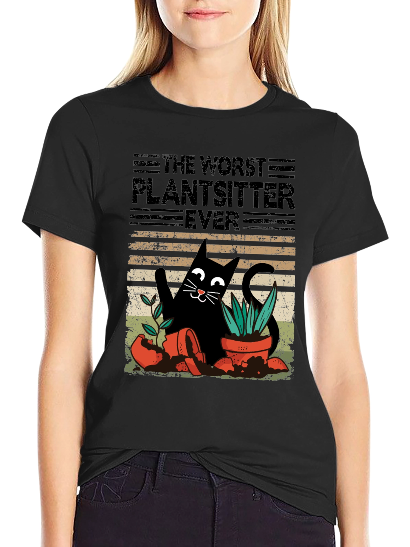 Black Worst Plantsitter Ever Cat Graphic T-Shirt view 2