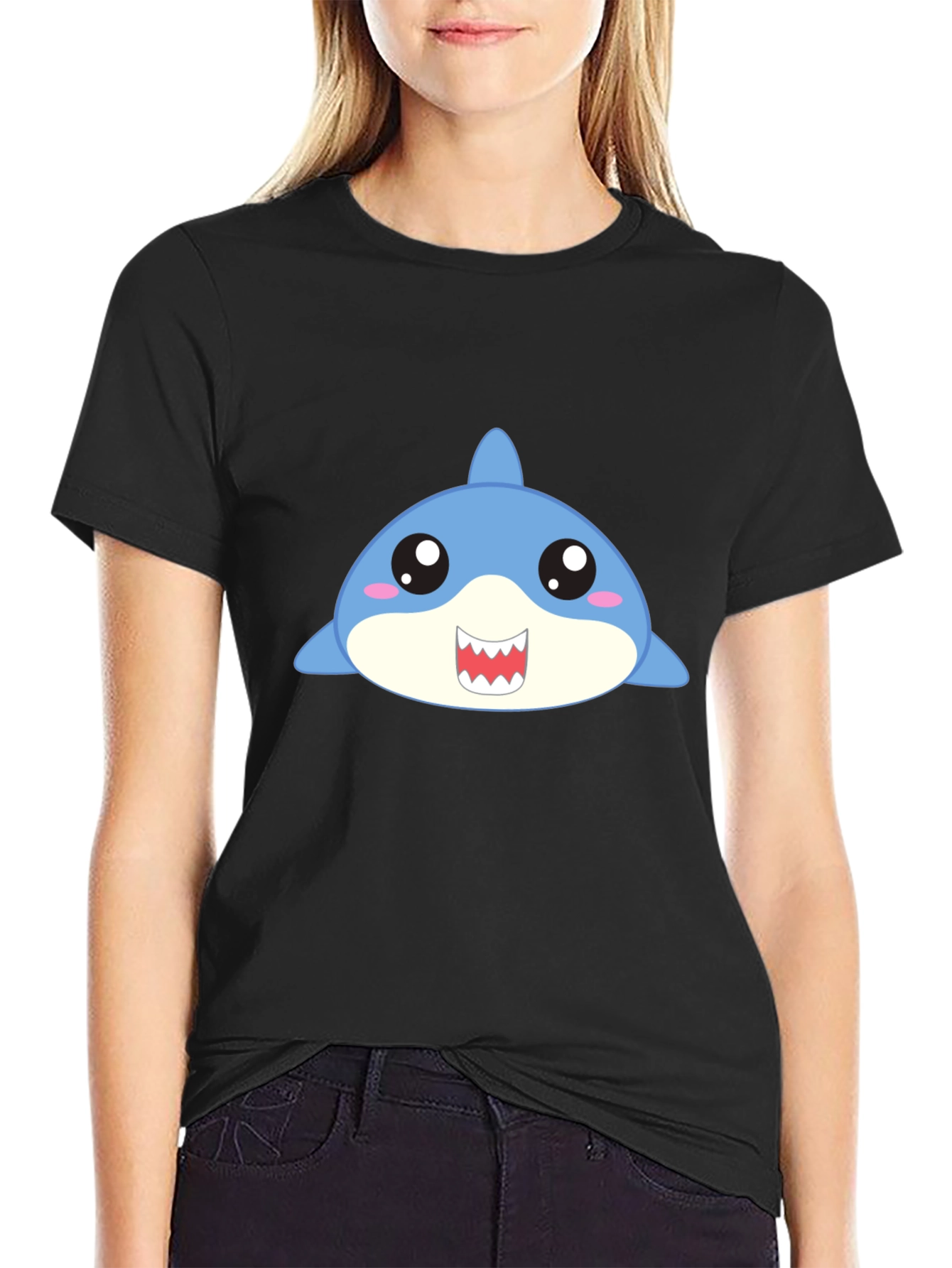 Black Cute Cartoon Shark Graphic Black T-Shirt view 2