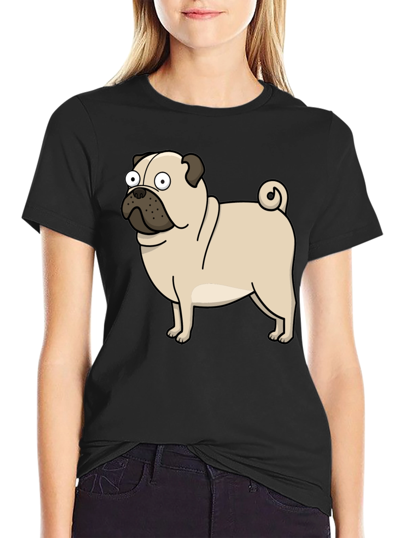 Black Cartoon Pug Graphic T-Shirt - Black view 2