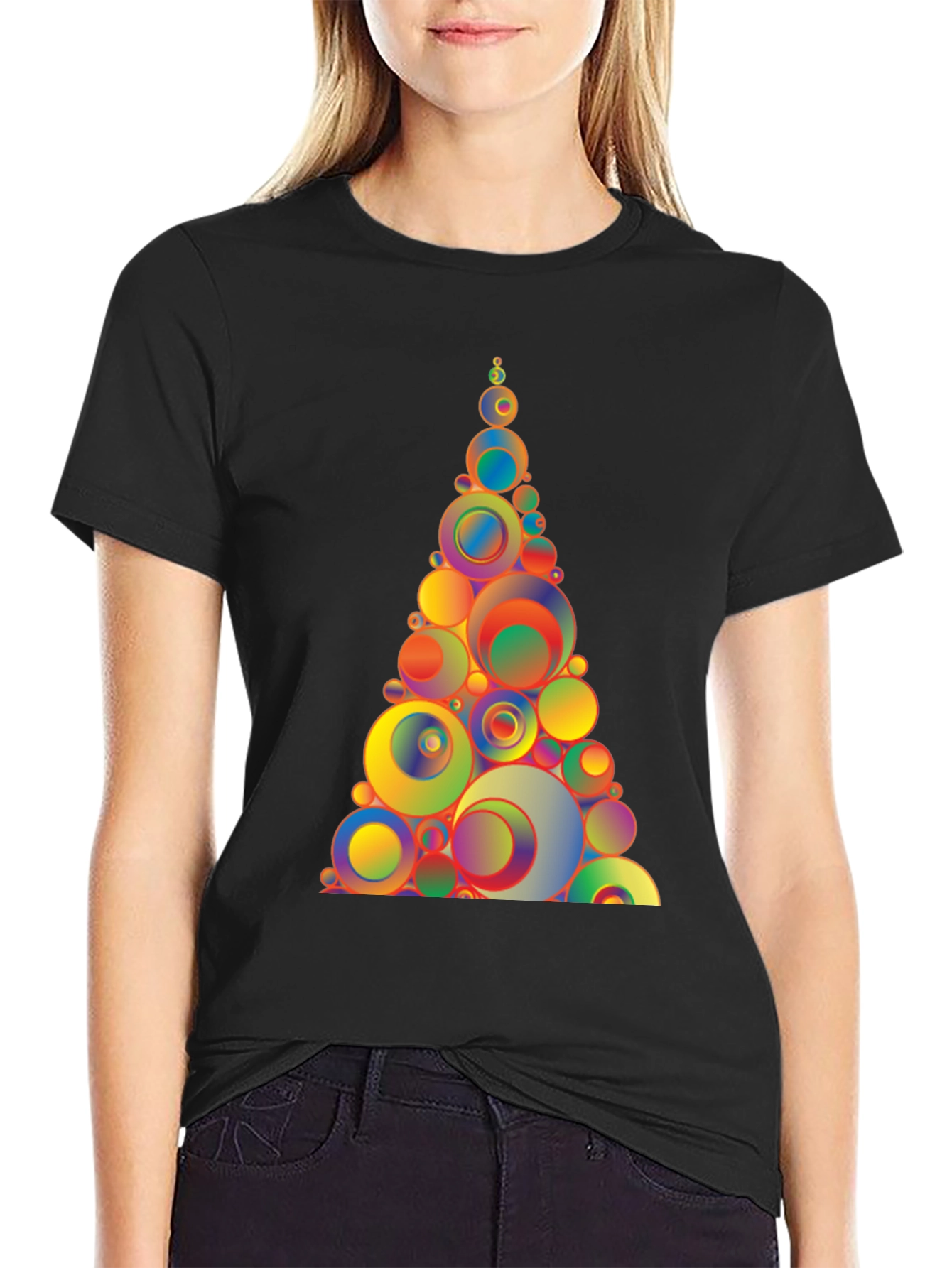 Black Colorful Circle Tree Graphic Tee - Black Cotton Blend T-Shirt view 2