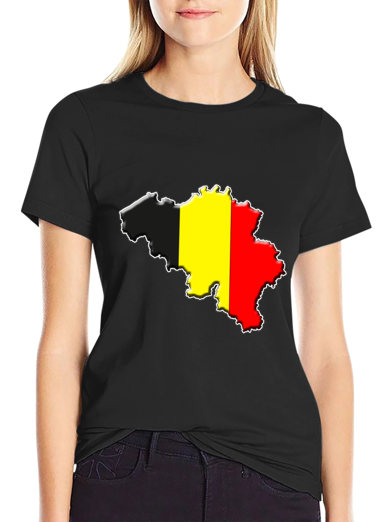 Black Belgium Flag Map T-Shirt - Black Cotton Tee view 2