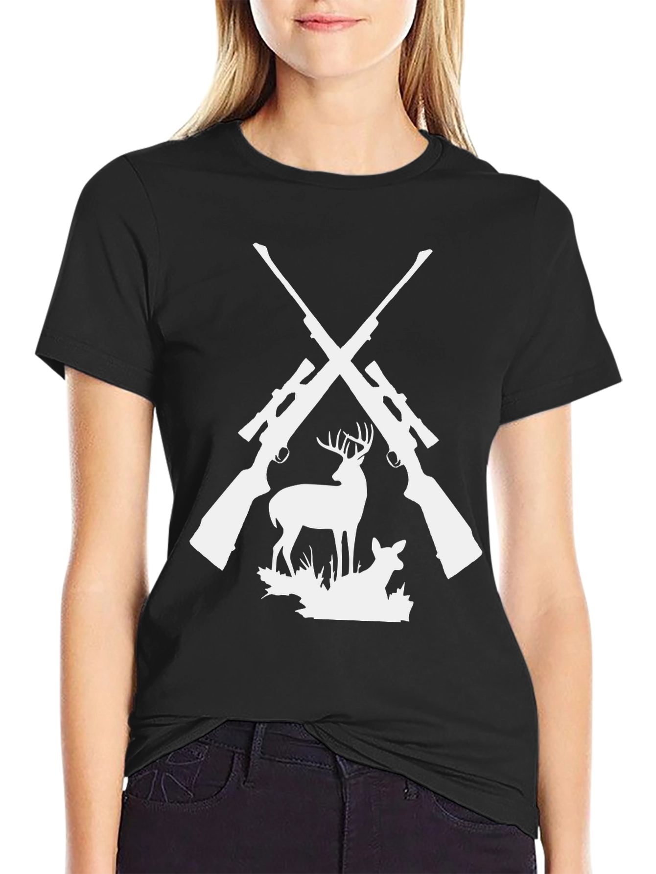 Black Hunting Graphic Tee - Deer & Rifles Design view 2