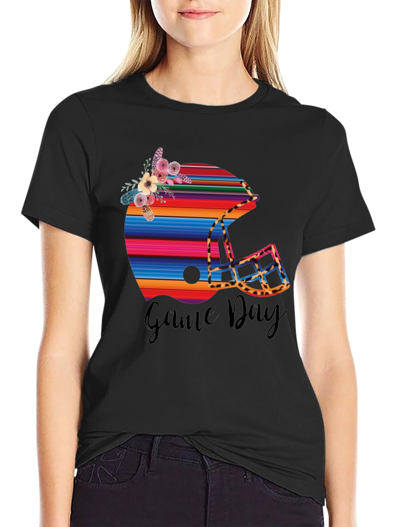 Black Game Day Football Helmet Graphic Tee view 2