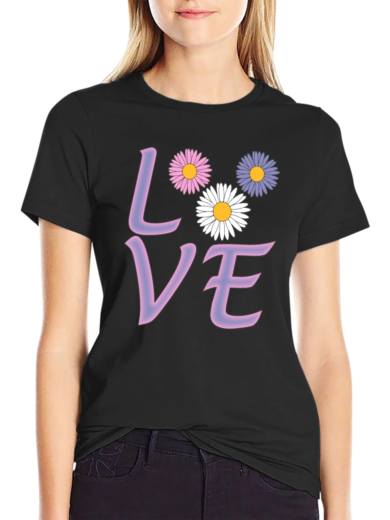 Black Love Floral Graphic Tee - Black Cotton Blend T-Shirt view 2