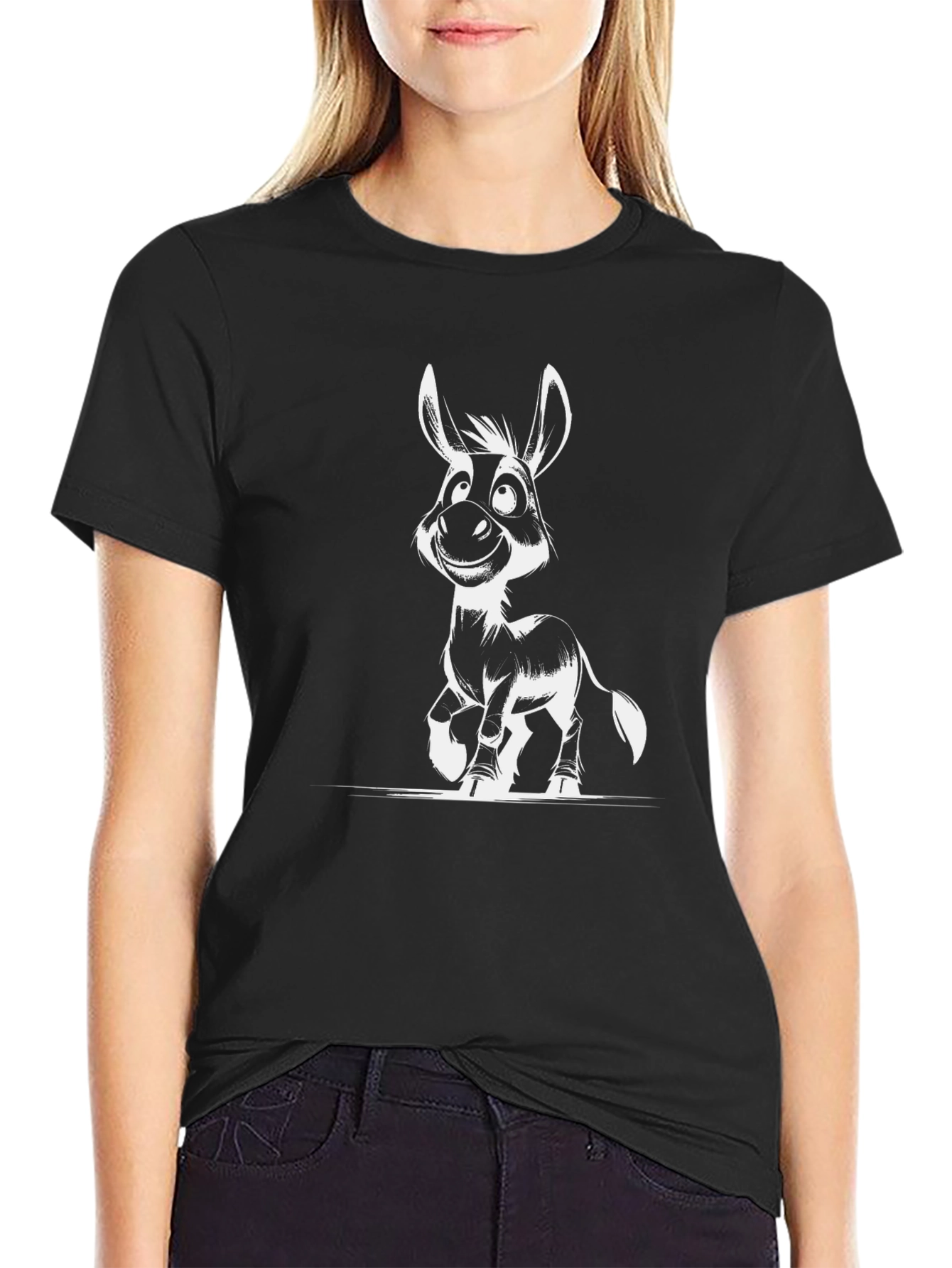 Black Donkey Cartoon Graphic Black T-Shirt view 2
