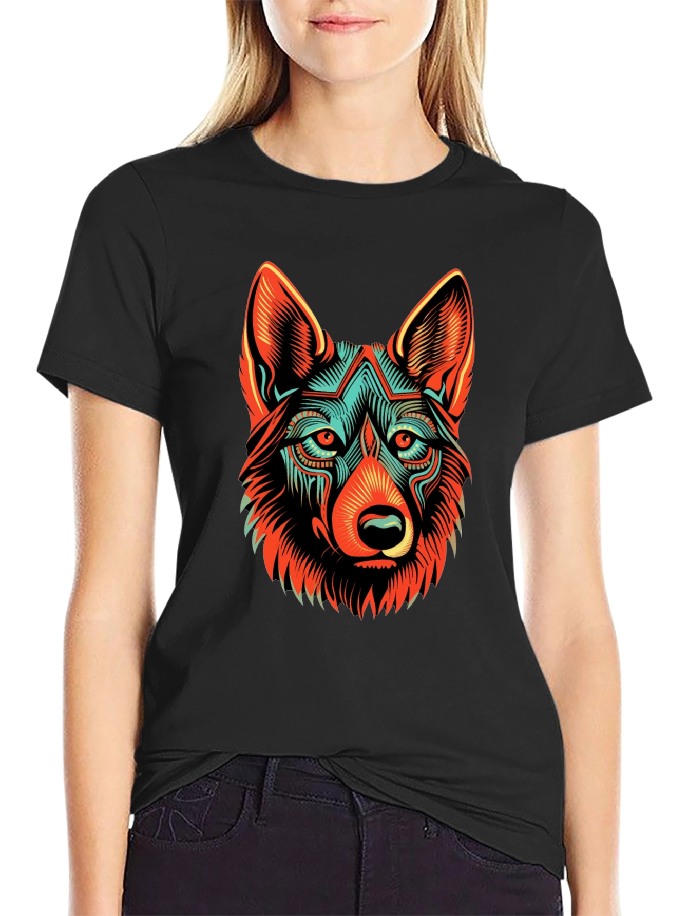 Black Abstract Wolf Graphic Black T-Shirt view 2