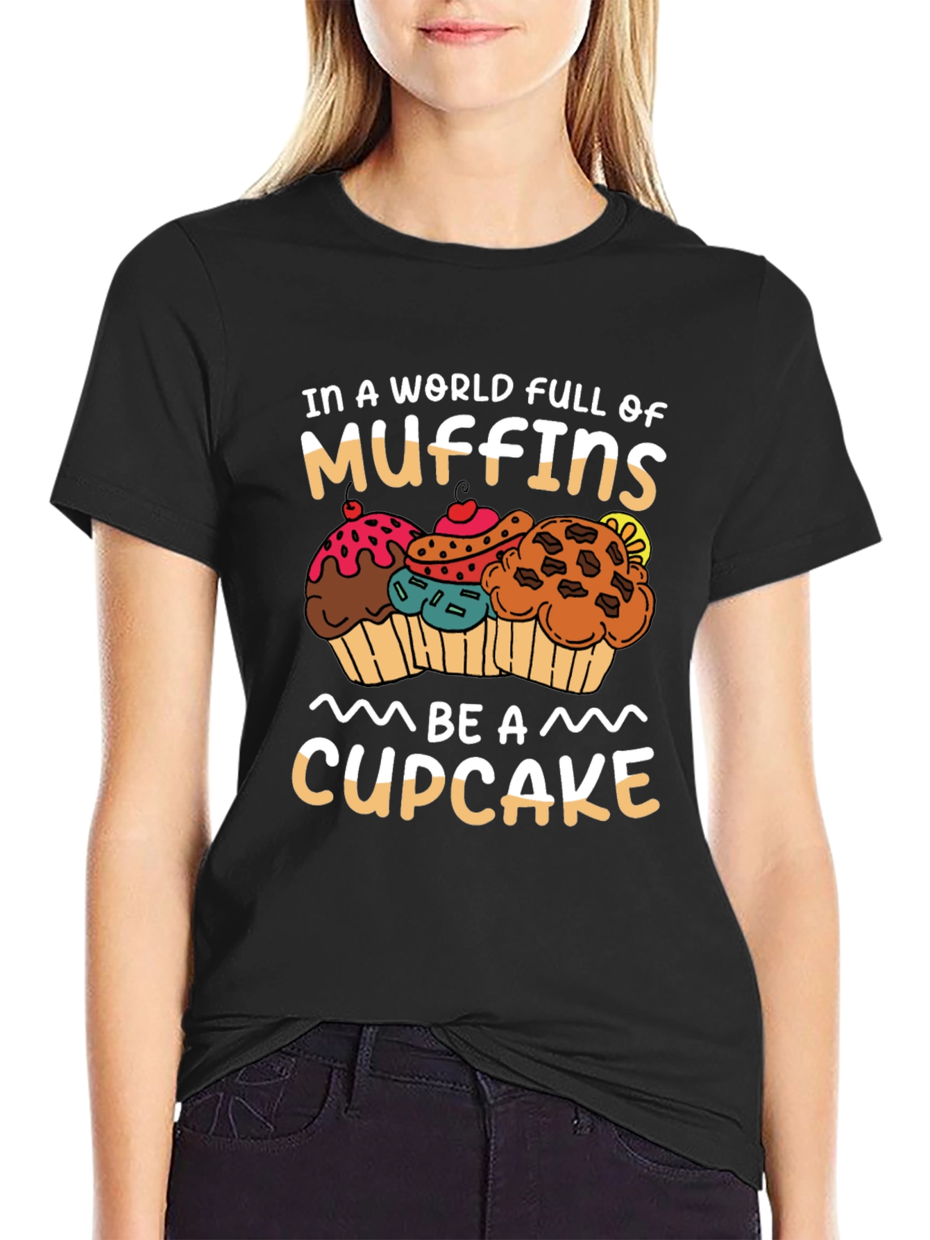 Black Muffin vs Cupcake Graphic Tee - Sweet Treat Shirt view 2
