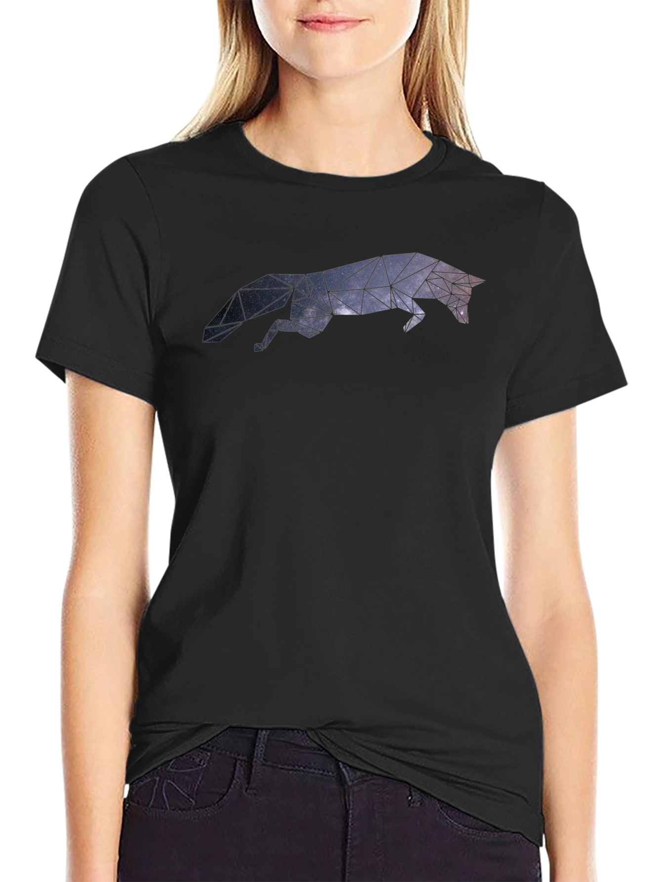 Black Geometric Galaxy Fox Black T-Shirt view 2