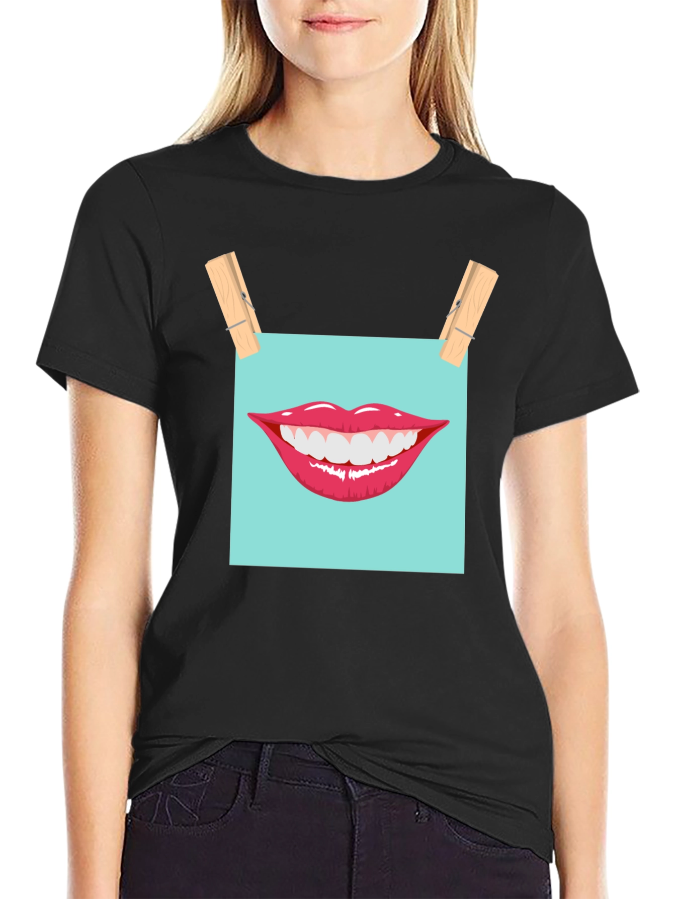 Black Smiling Lips Graphic T-Shirt - Casual Wear view 2