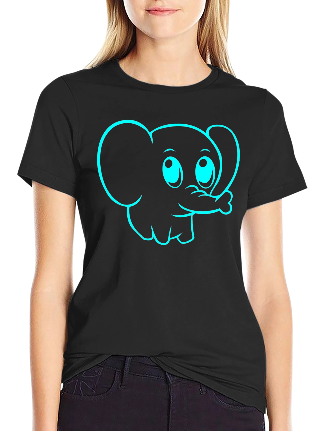 Black Cartoon Elephant Graphic Tee - Black Cotton T-Shirt view 2