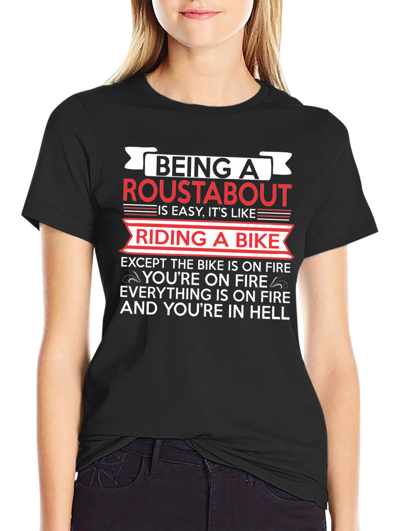 Black Roustabout T-Shirt: Riding a Bike in Hell Humor view 2