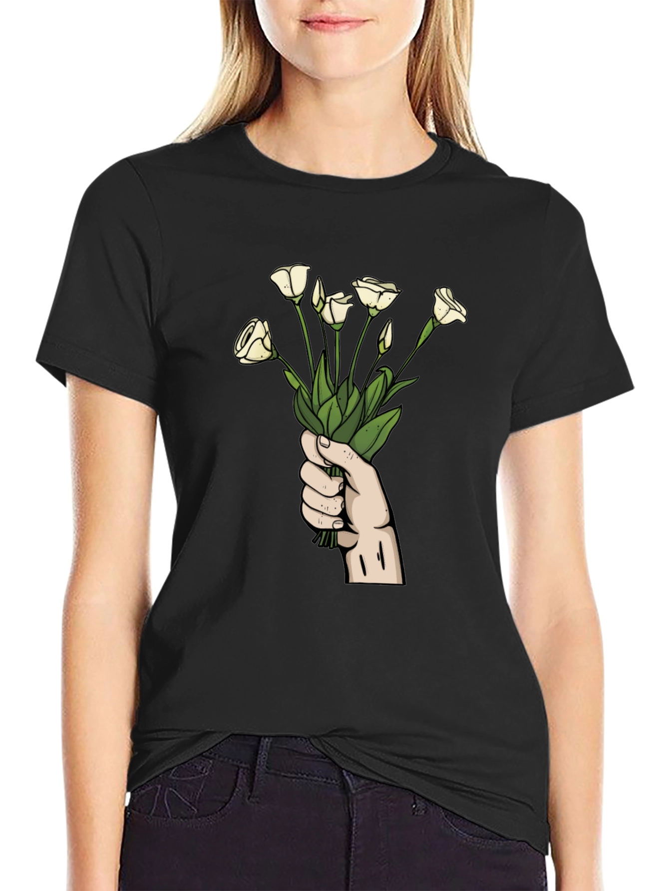 Black Floral Bouquet Graphic Tee - Black Cotton T-Shirt view 2