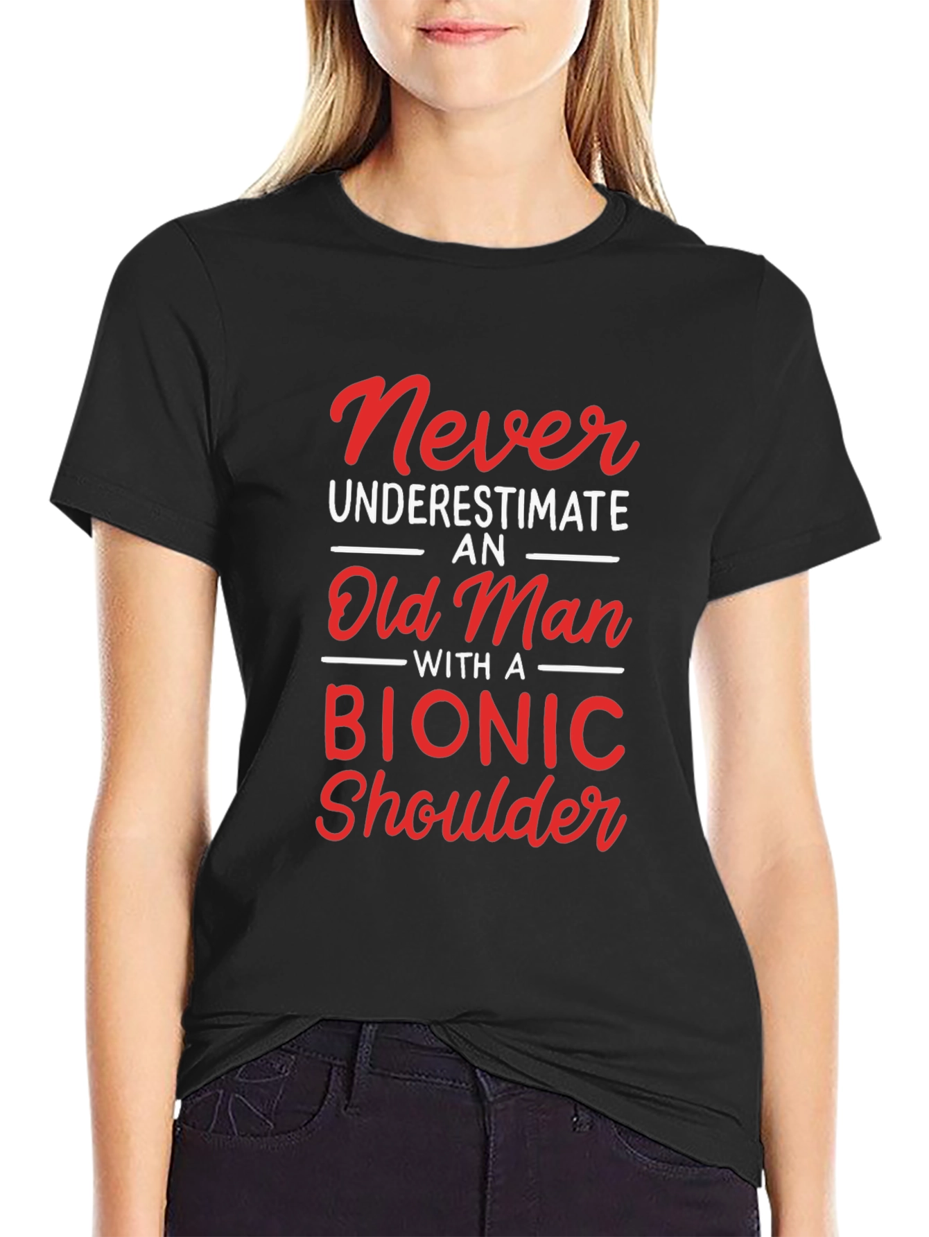 Black Funny Bionic Shoulder Old Man T-Shirt view 2