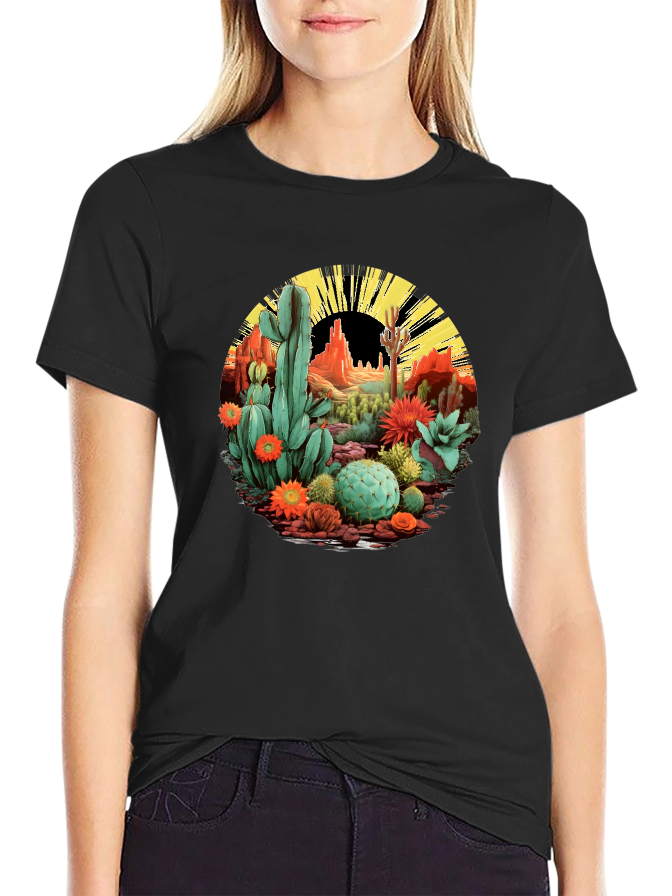 Black Desert Cactus Graphic T-Shirt - Black Cotton Tee view 2