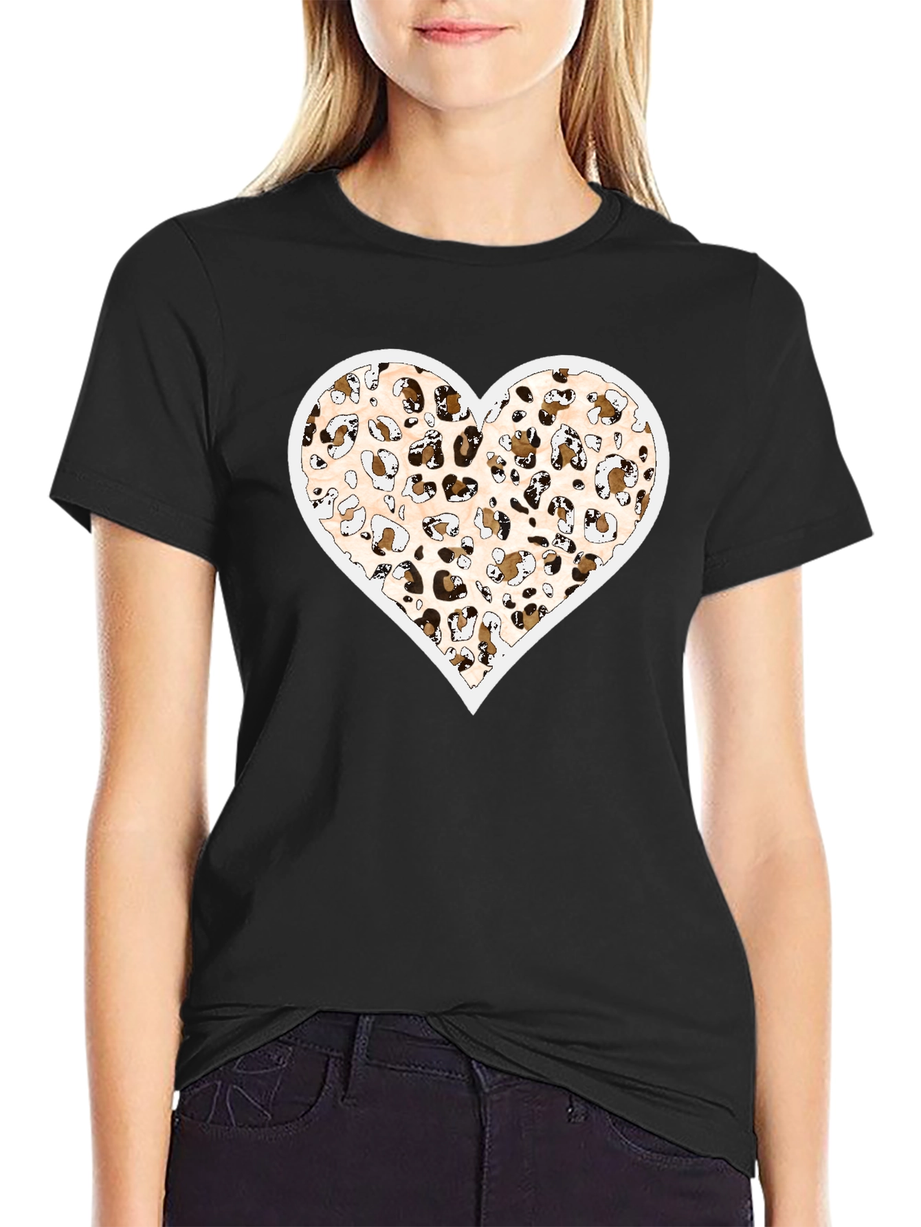 Black Leopard Print Heart Graphic Black Tee Shirt view 2