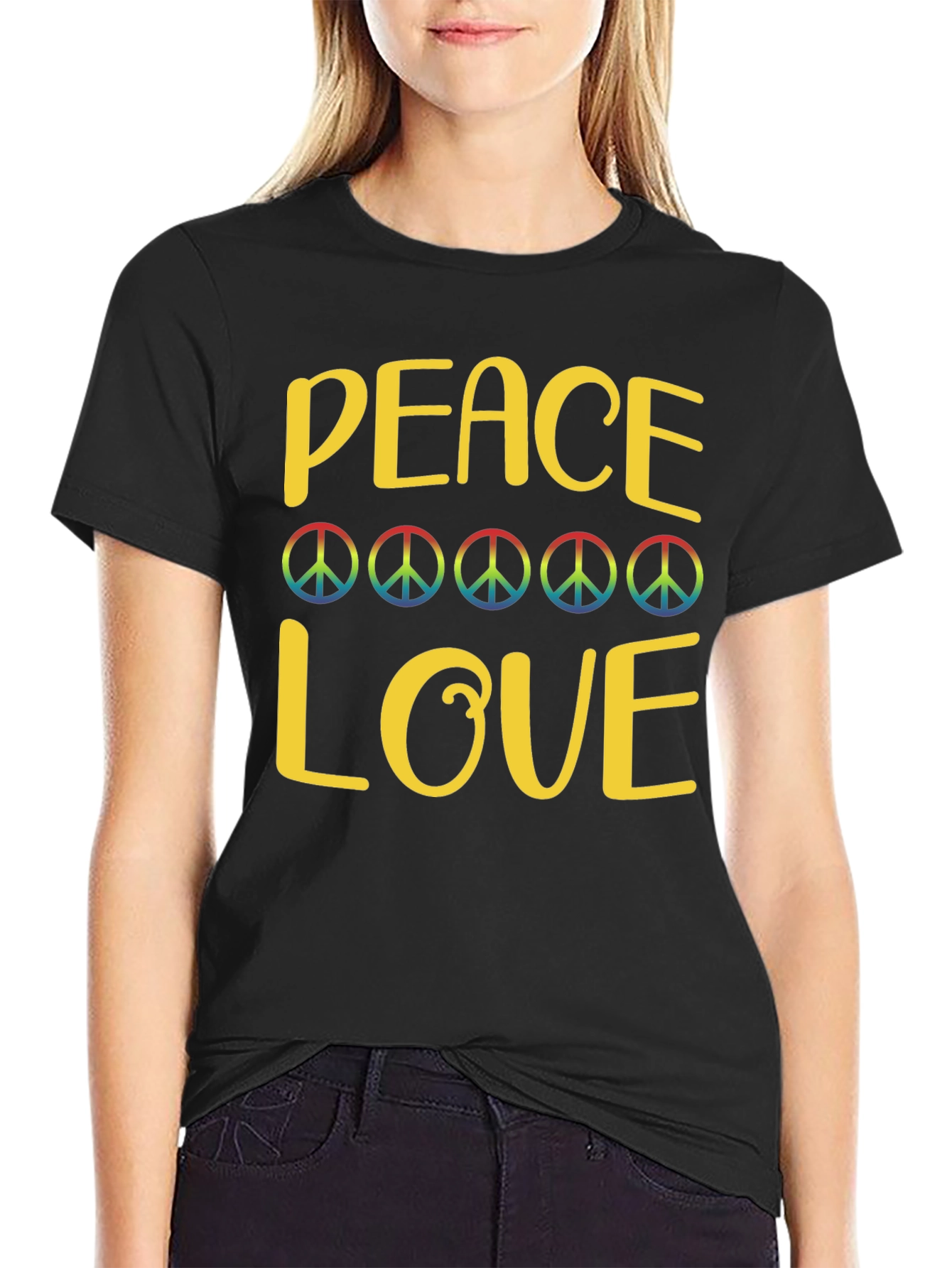Black Peace and Love Graphic T-Shirt - Groovy Retro Design view 2