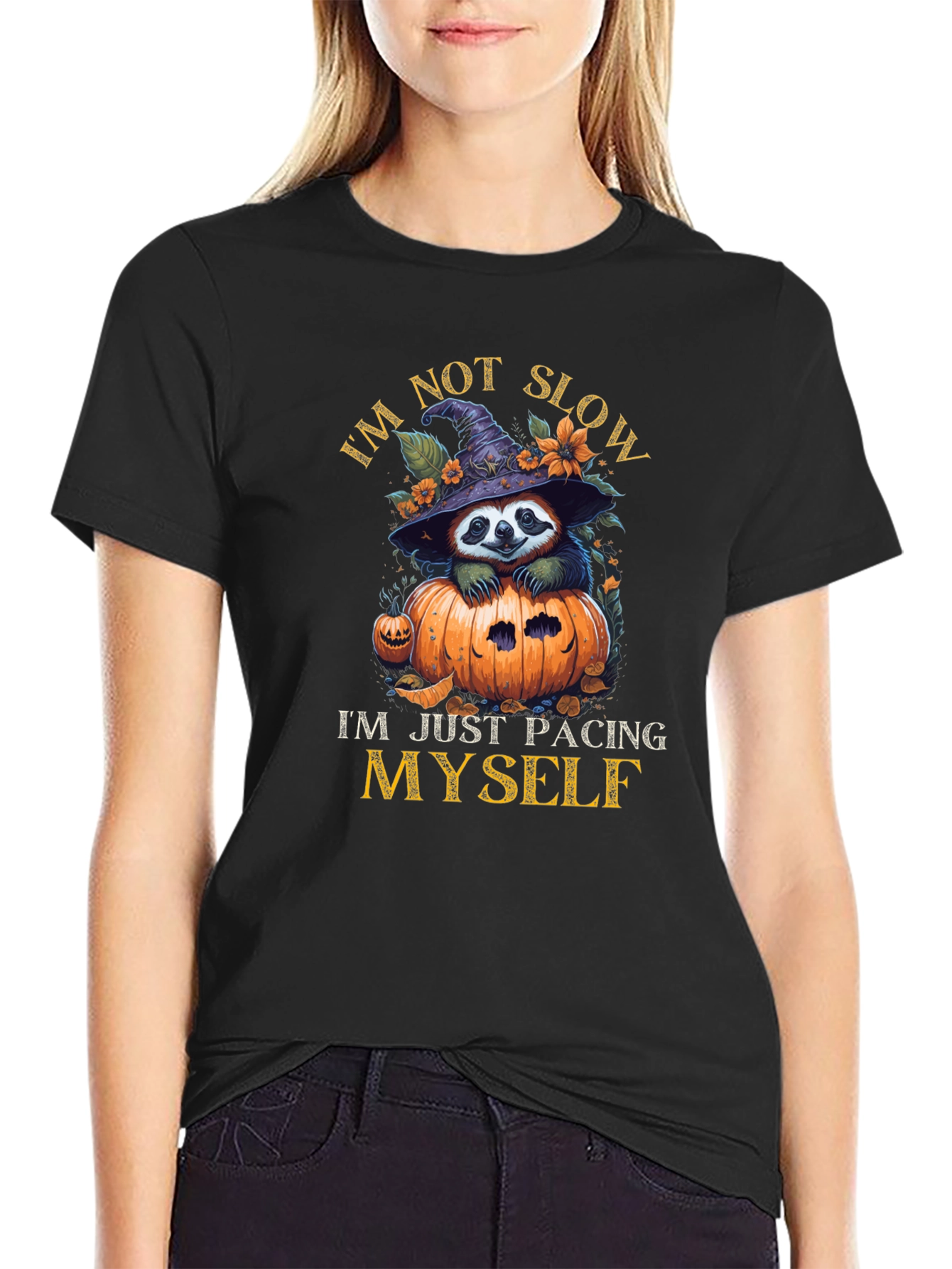 Black Funny Sloth Halloween T-Shirt - I'm Not Slow Pacing Myself view 2