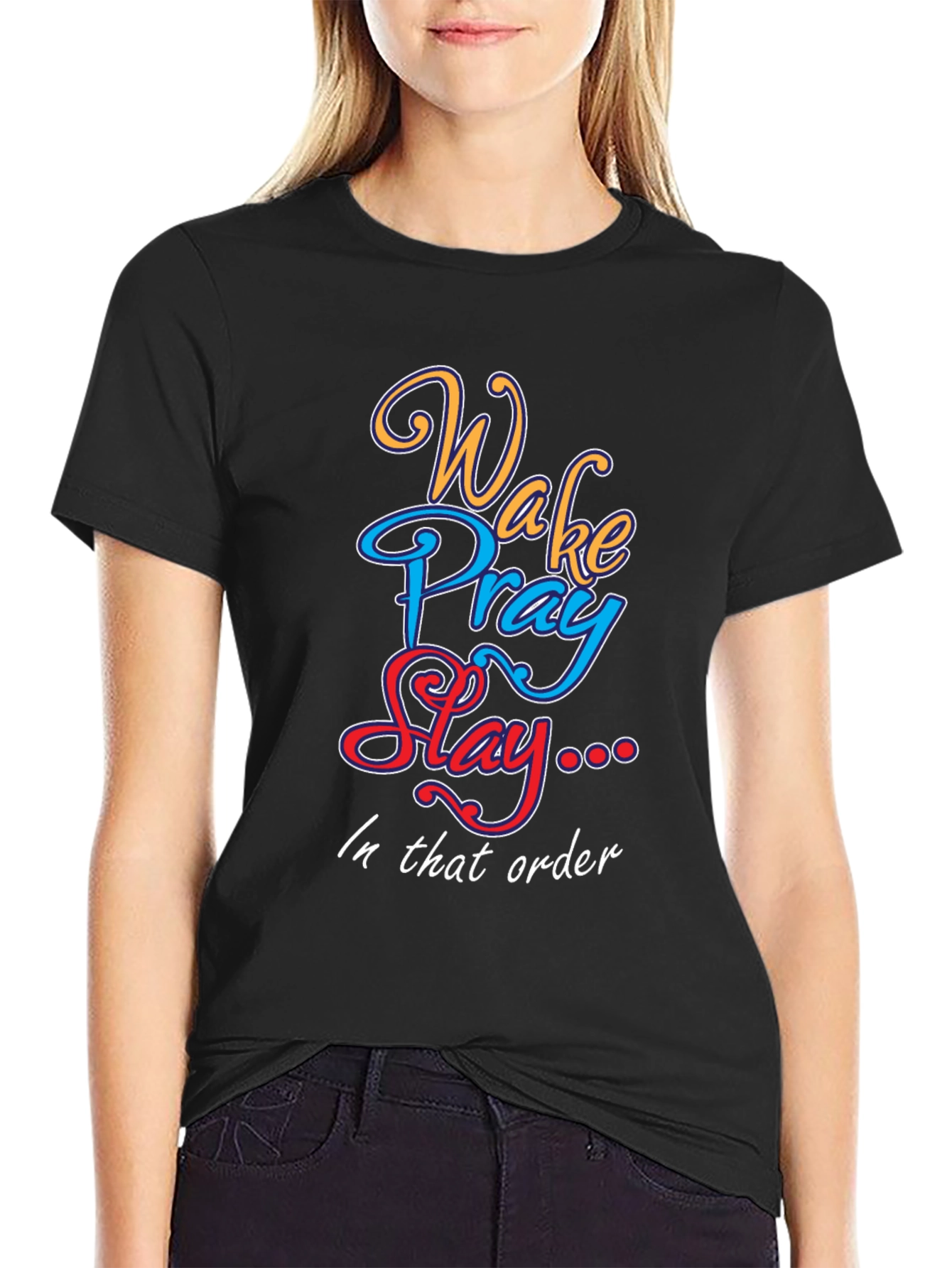 Black Wake Pray Slay Graphic Tee - Trendy Cotton T-Shirt view 2