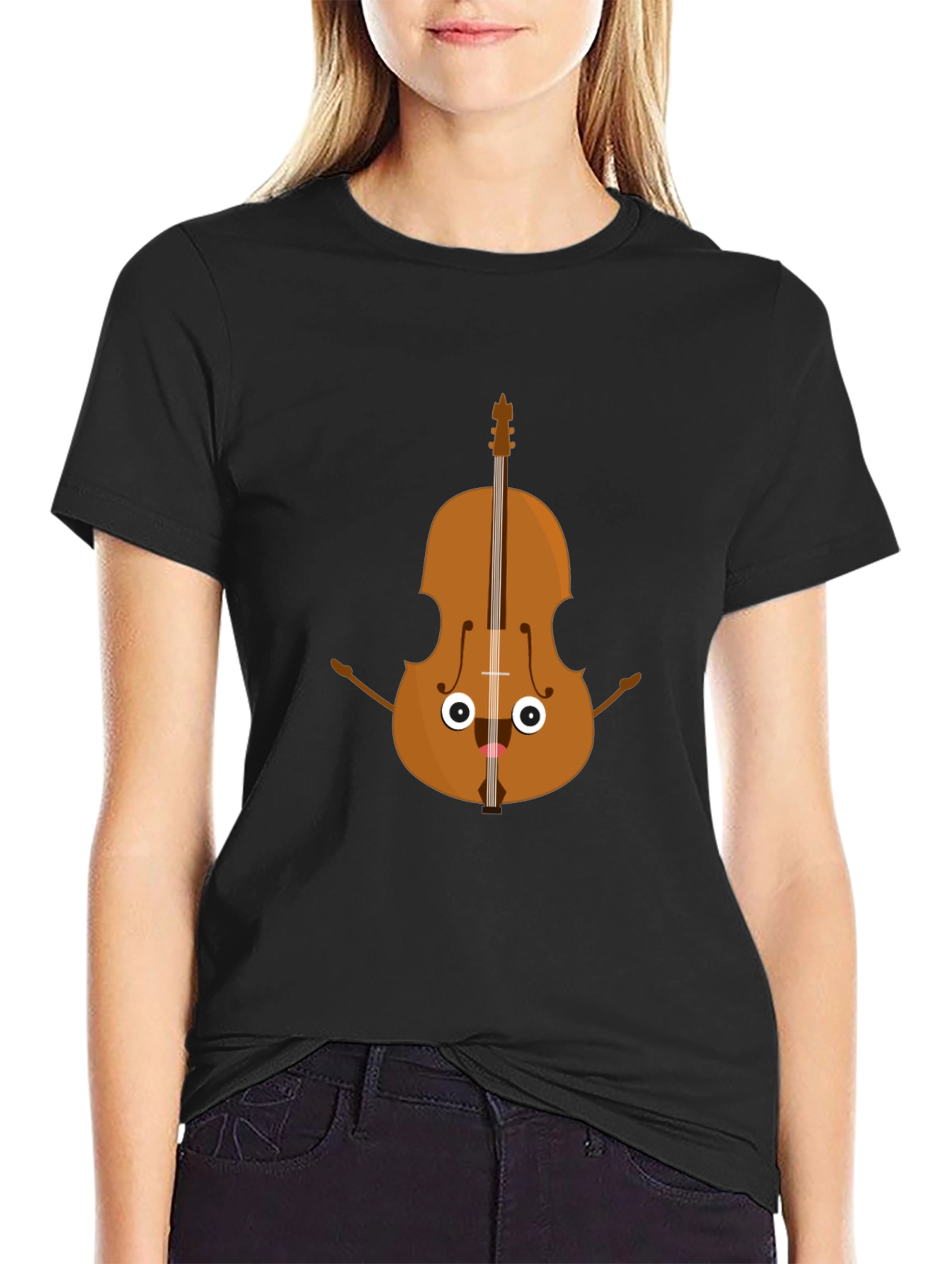 Black Funny Cartoon Cello Musician Graphic Tee view 2