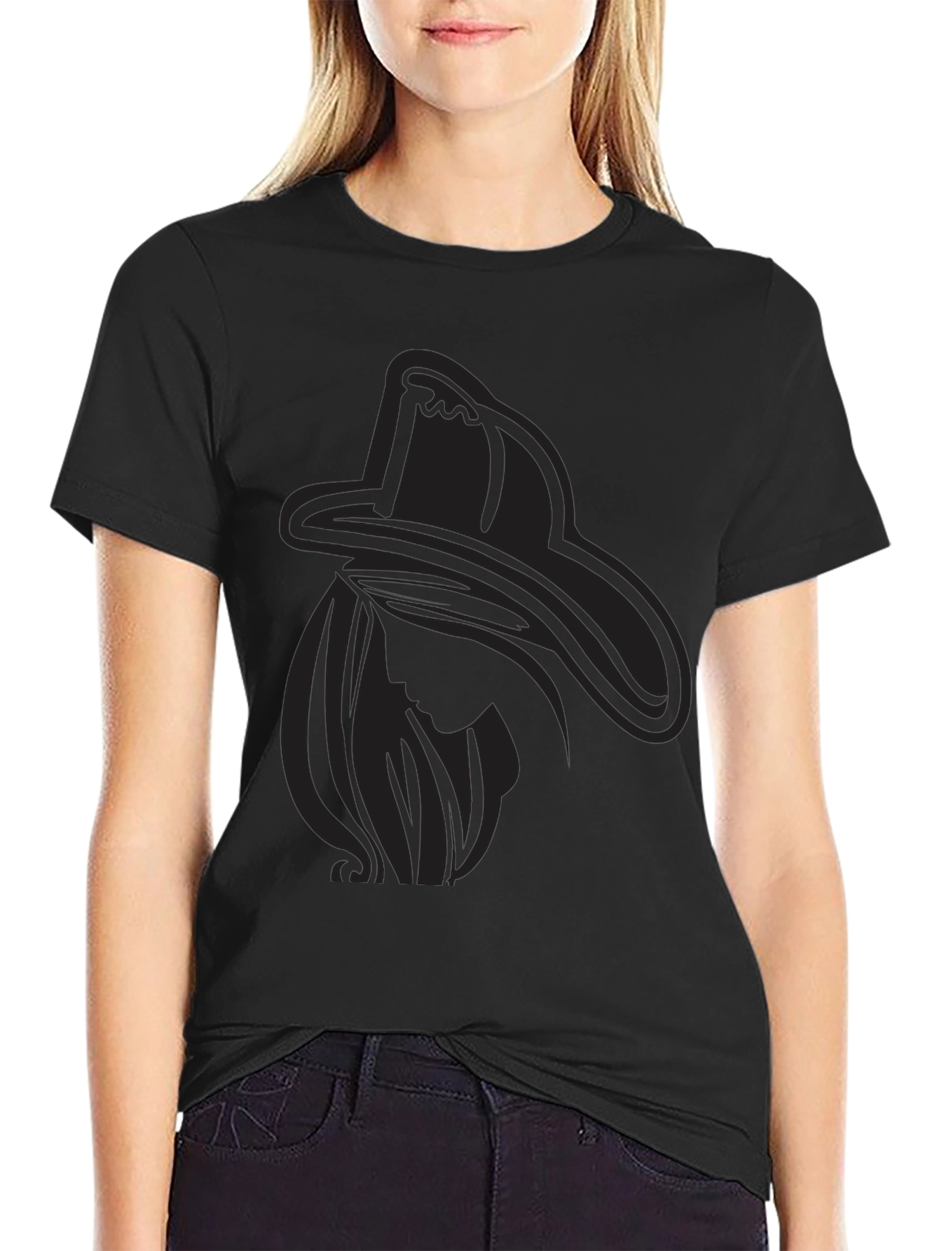 Black Cowgirl Silhouette Graphic Tee - Stylish Black T-Shirt view 2