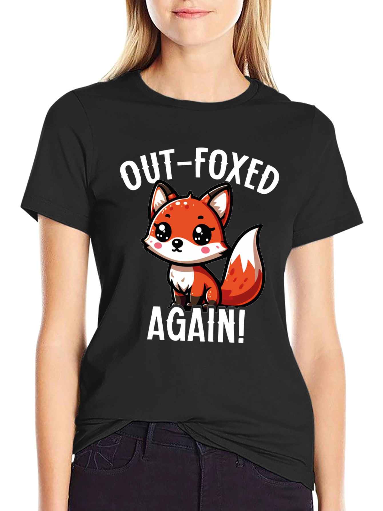 Black Out-Foxed Again! Cute Cartoon Fox Graphic T-Shirt view 2