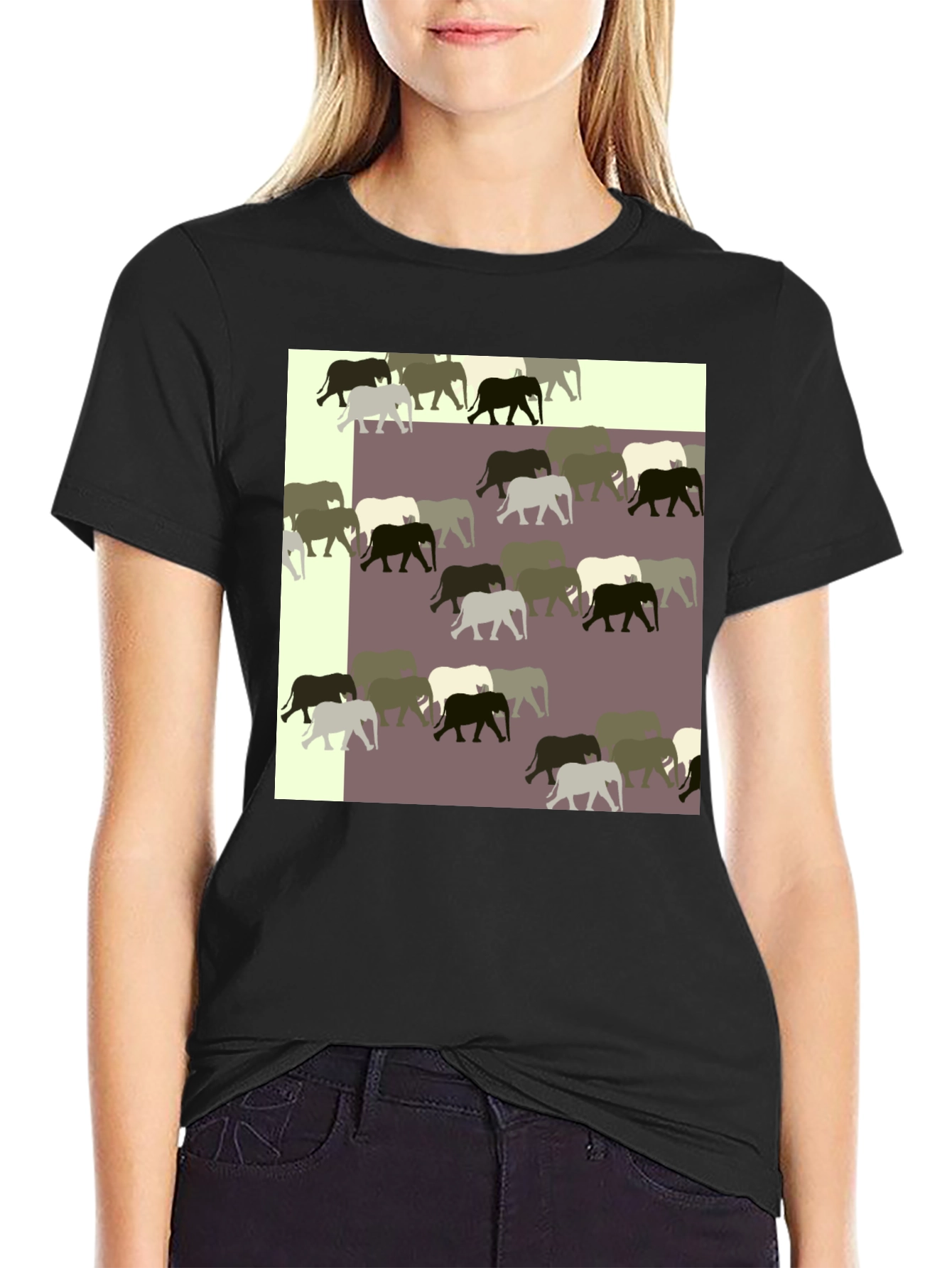 Black Elephant Pattern Black T-Shirt view 2