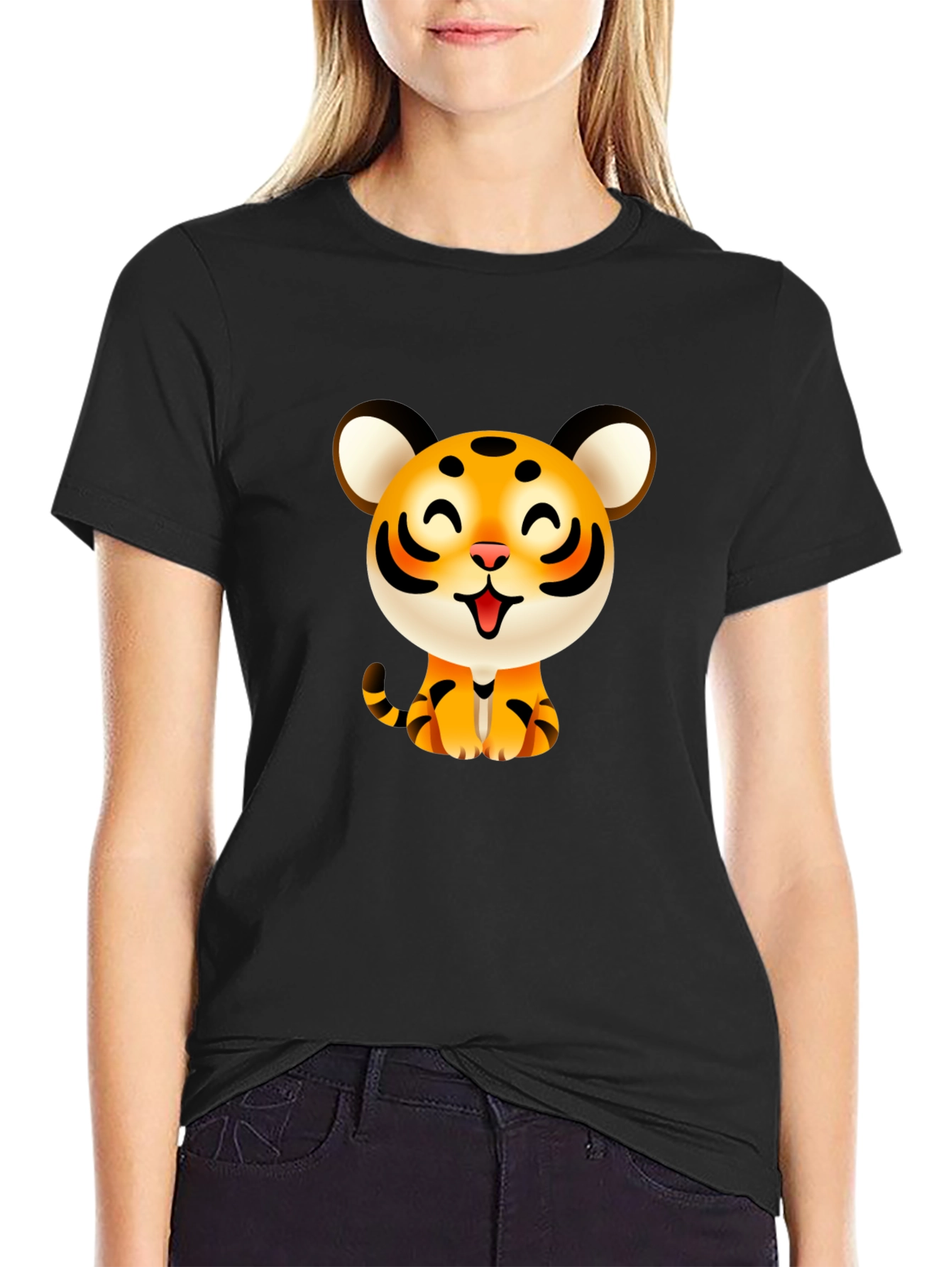 Black Cute Cartoon Tiger Graphic Tee - Black view 2