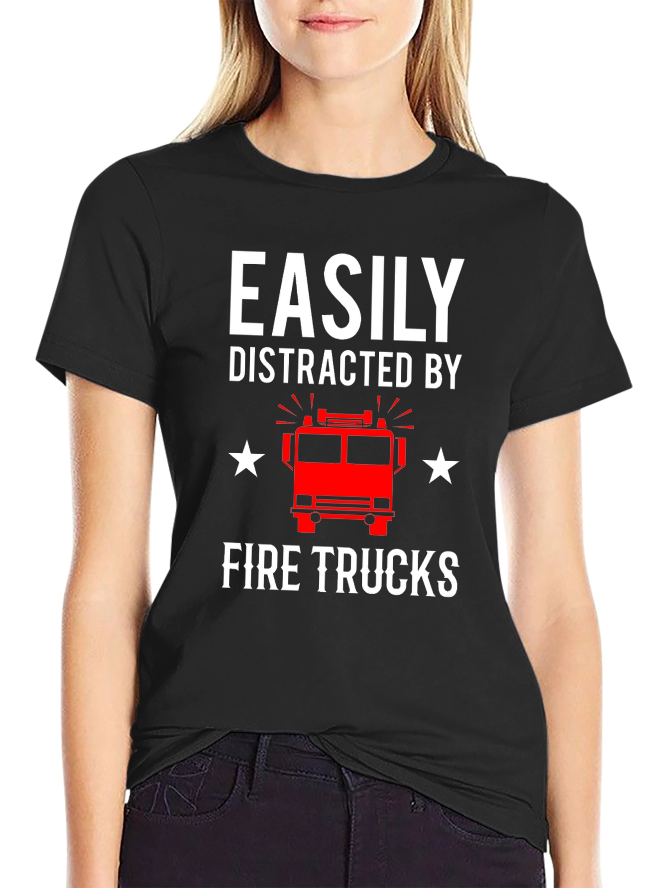 Black Easily Distracted By Fire Trucks Graphic Tee view 2