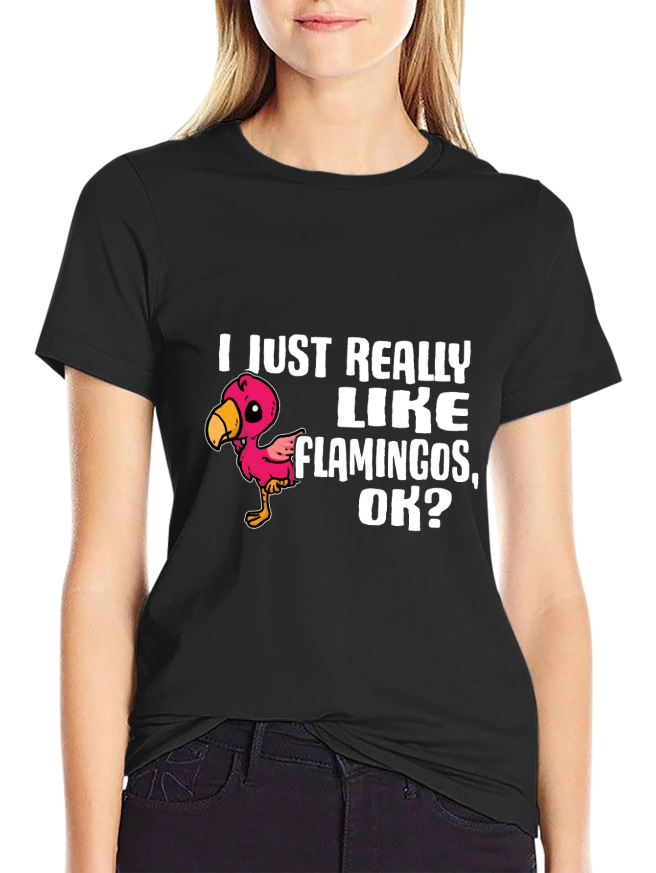 Black Flamingo Lover T-Shirt - I Just Really Like Flamingos, OK? view 2