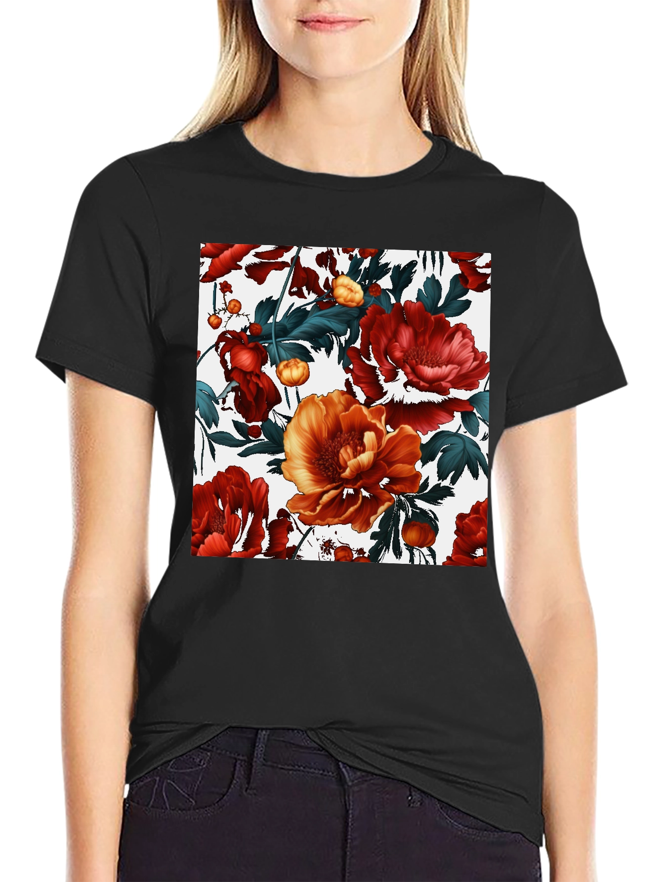 Black Floral Print Black Crew Neck T-Shirt view 2