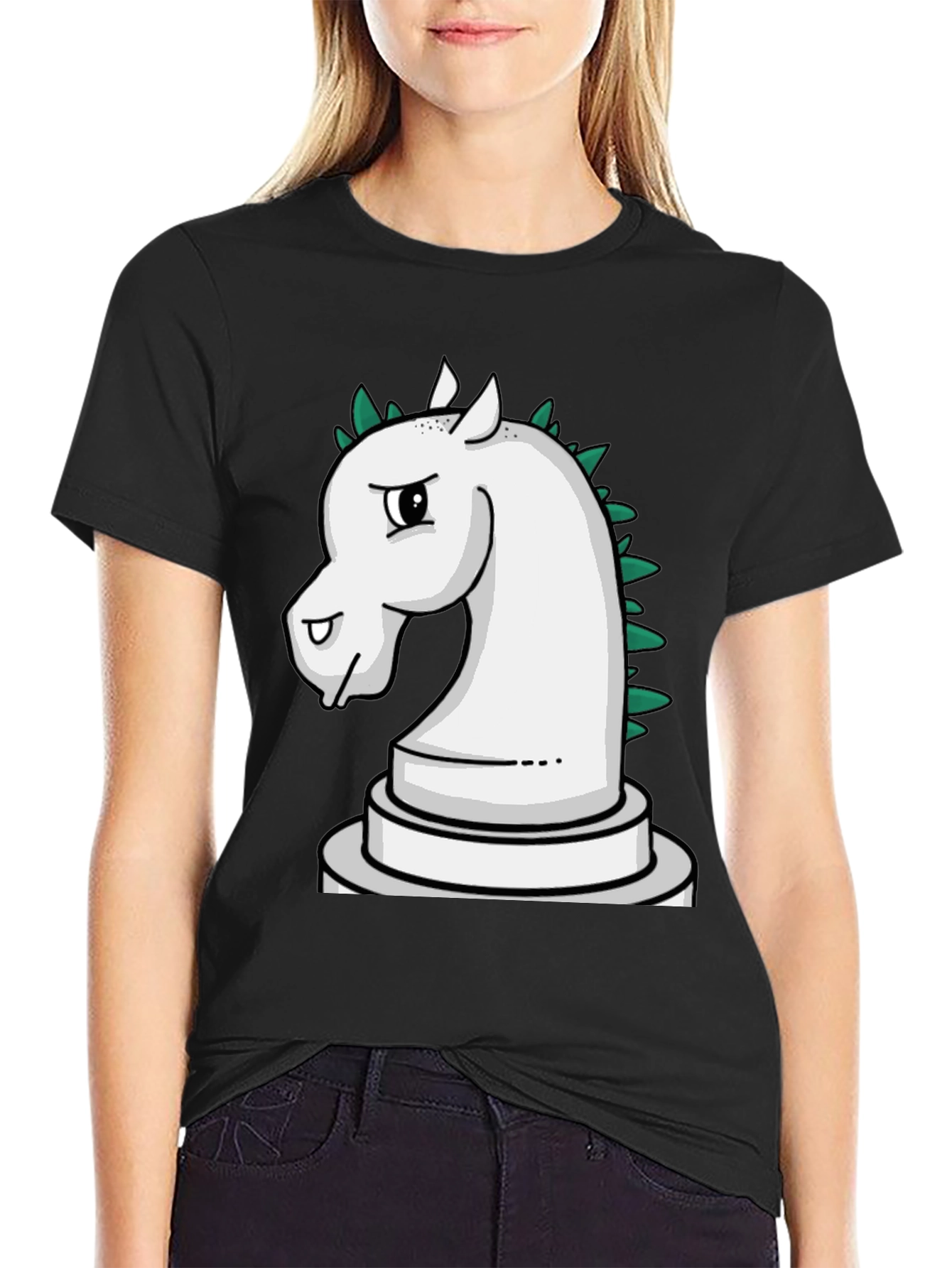 Black Chess Knight T-Shirt - Unique Cartoon Design view 2