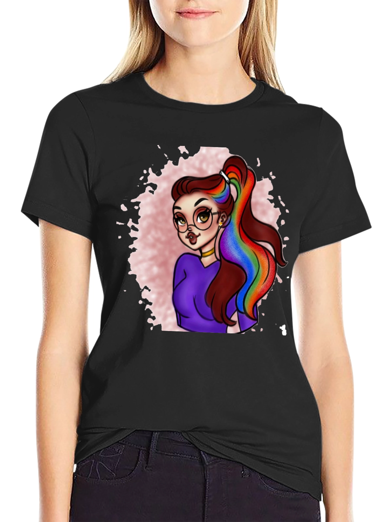 Black Rainbow Hair Cartoon Graphic T-Shirt view 2