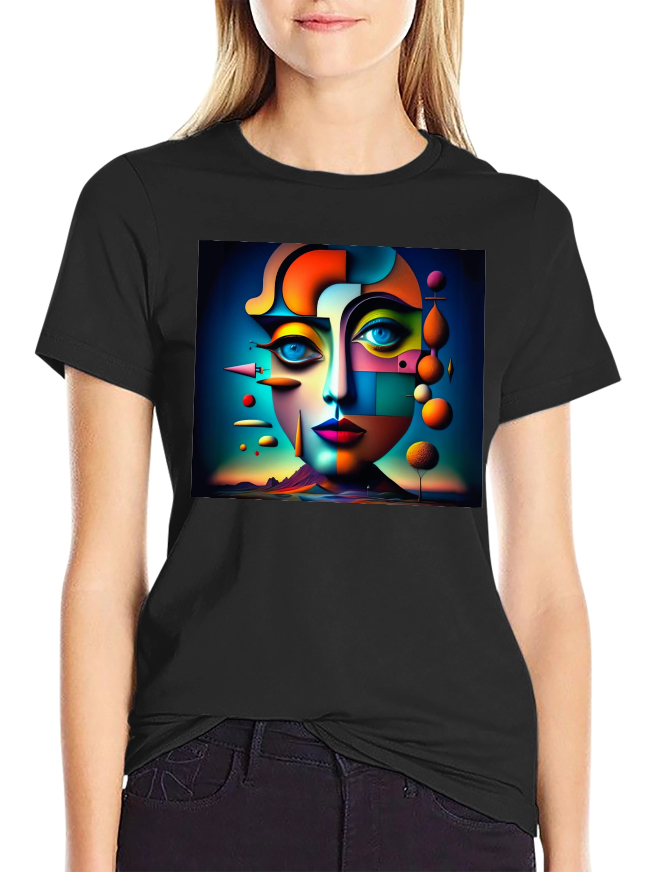 Black Abstract Geometric Face Art Black T-Shirt view 2