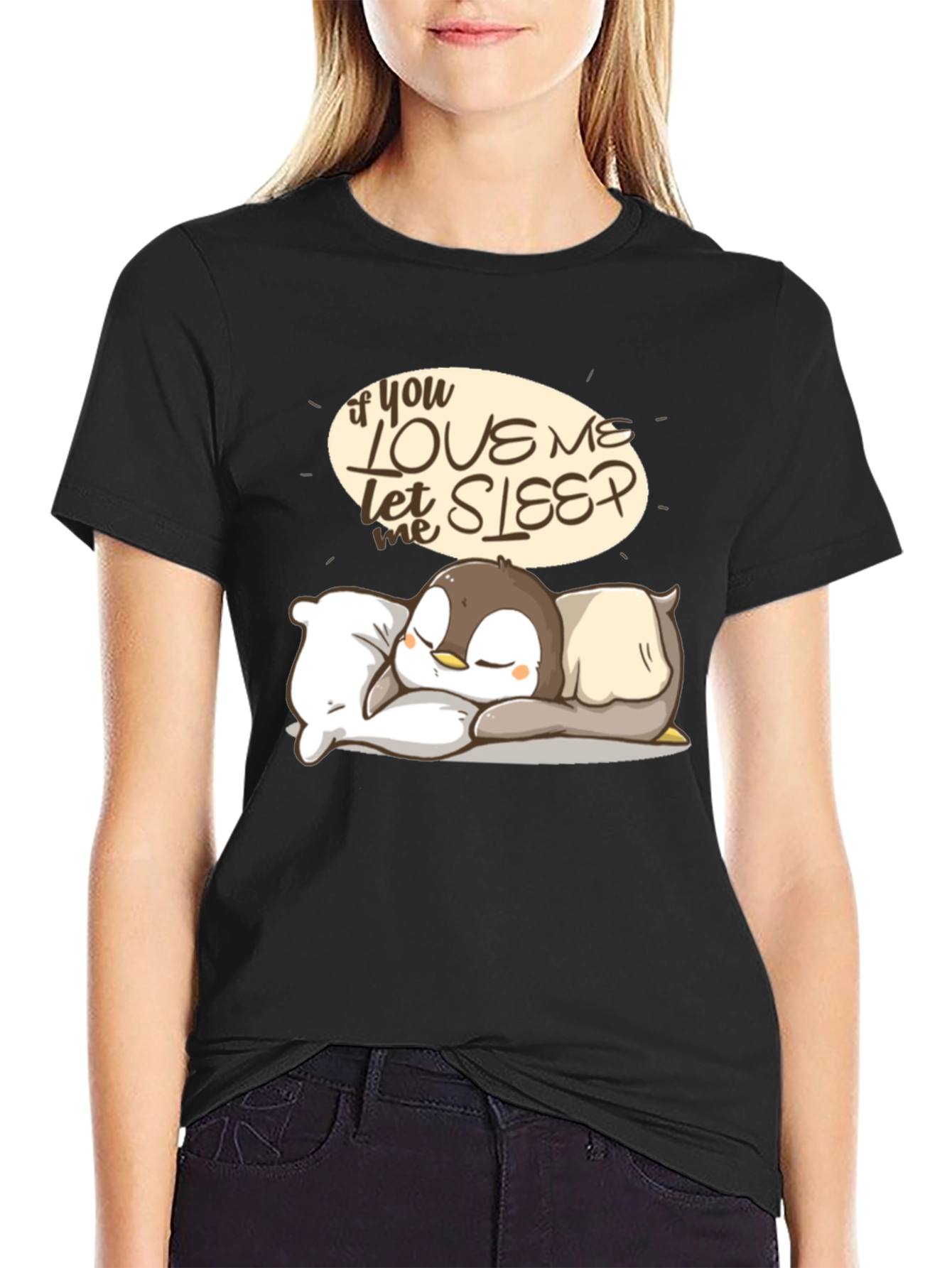 Black Cute Penguin Sleep T-Shirt view 2
